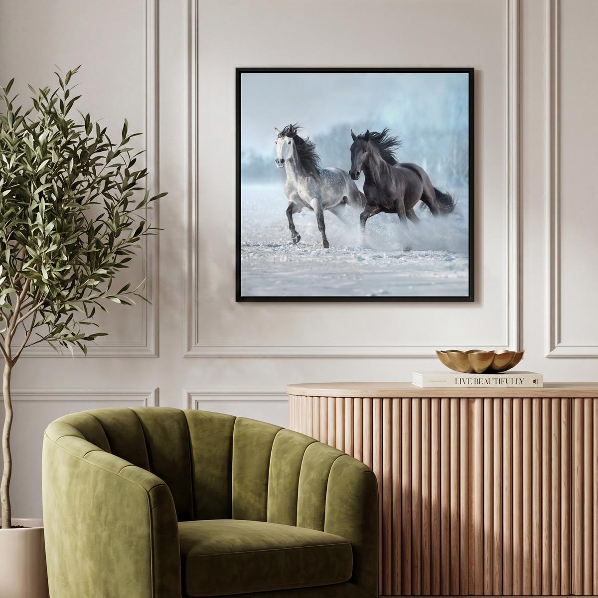 LEINWAND Bilder mit Rahmen - Pferde - Winter - Tiere - Natur - Schnee - 50x50 - Anthrazit, Textil (50/50cm) - MuchoWow