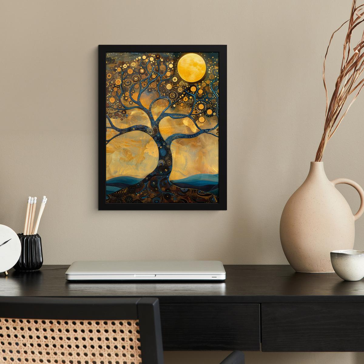POSTER MIT RAHMEN Baum - Mond - Blumen - Gold - Kunst Bilderrahmen 30x40 cm - Orange, Papier (30/40cm) - MuchoWow