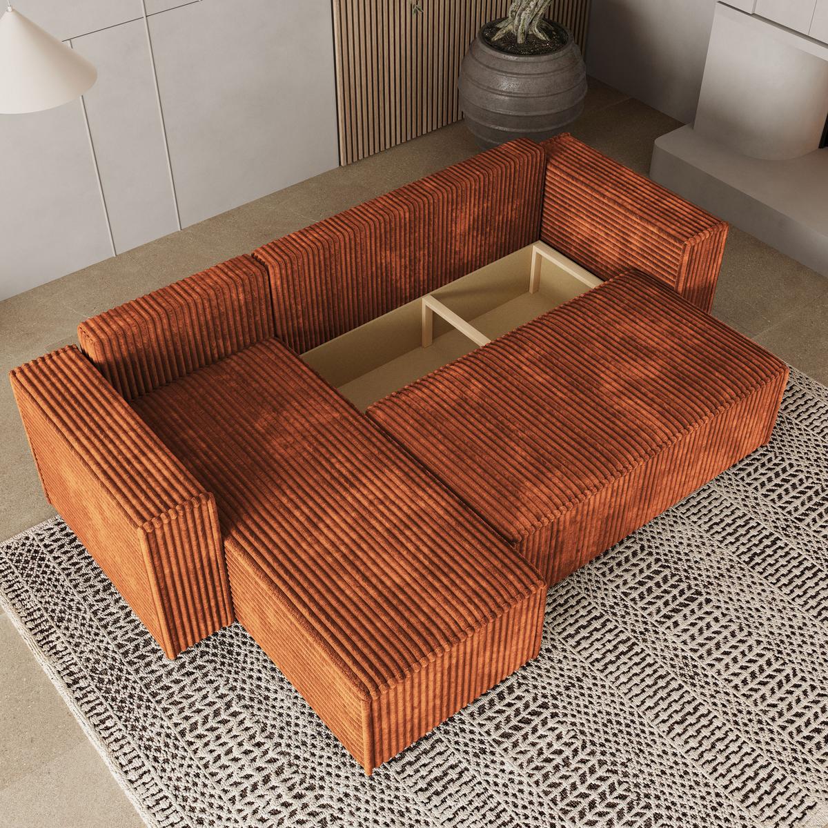 ECKSOFA RAVELO T Braun Kordstoff mit Schlaffunktion - Braun/Grau, Holz/Kunststoff (240/140cm) - MASSENO