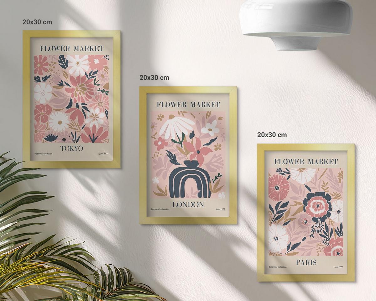 BILDER SET 3er Set - 20x30 cm Goldrahmen - Blumenmotive Tokio London Paris - Goldfarben, Kunststoff (20/30cm) - TULUP