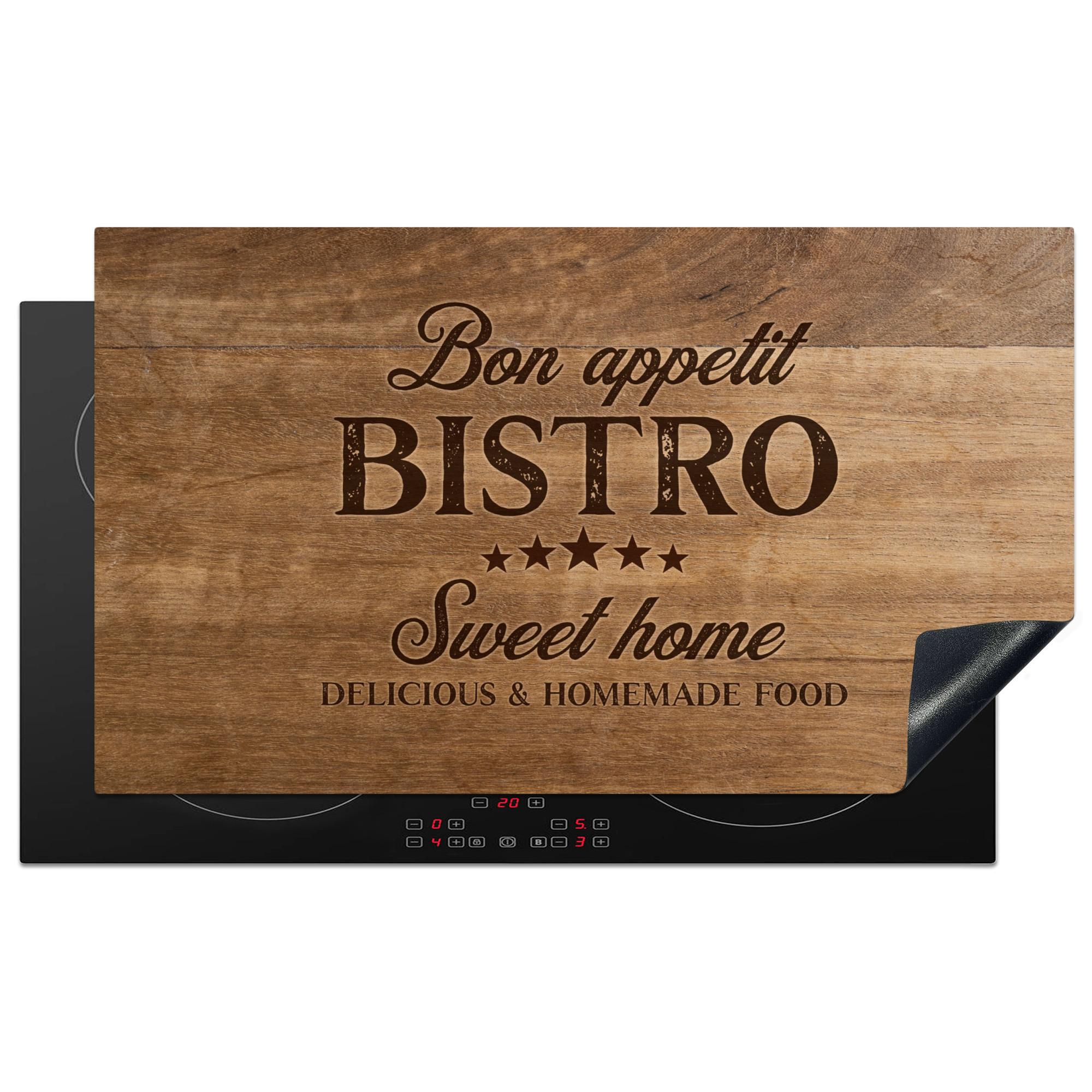 HERDABDECKPLATTE Zitat - Bistro - Guten Appetit - Süßes Zuhause - Holzmaserung Ceranfeldabdeckung 90x52 cm - Braun, Kunststoff (90/52/0.2cm) - MuchoWow