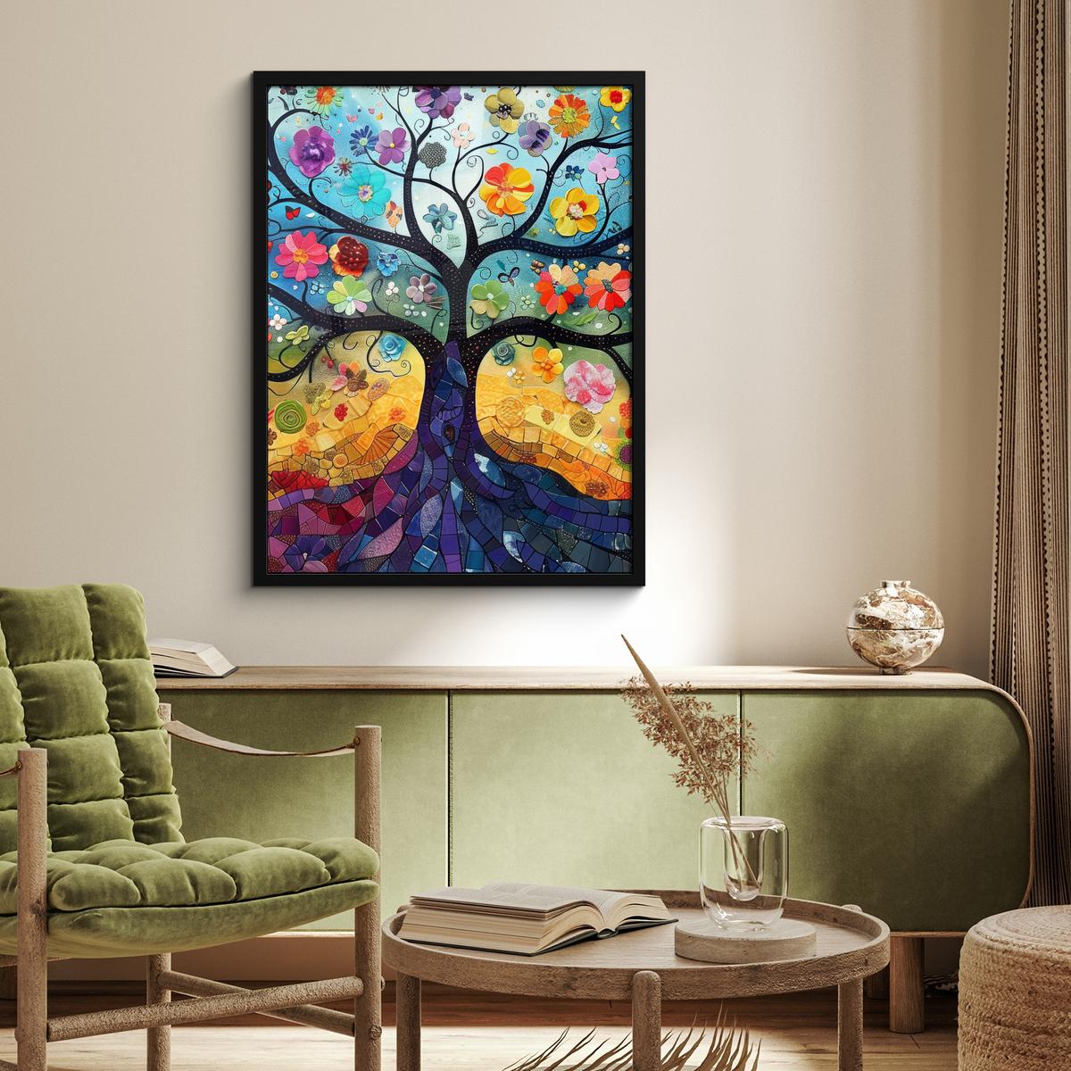 POSTER MIT RAHMEN Kunst - Baum des Lebens - Blumen - Hippie Posterleiste 60x80 cm - Dunkelblau, Papier (60/80cm) - MuchoWow