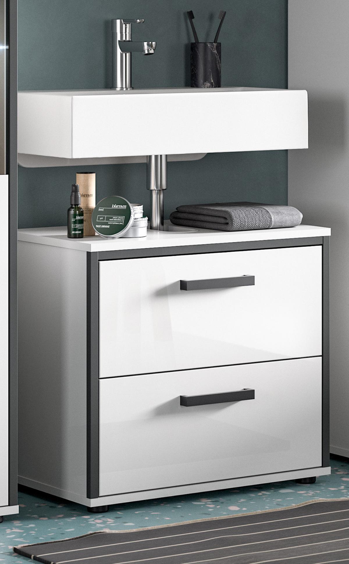 WASCHBECKENUNTERSCHRANK weiß Hochglanz, grau 60 cm, Unterschrank mit Schubkästen - Weiß Hochglanz/Schwarz, Holzwerkstoff/Kunststoff (60/55/37.5cm) - Inn.Furn