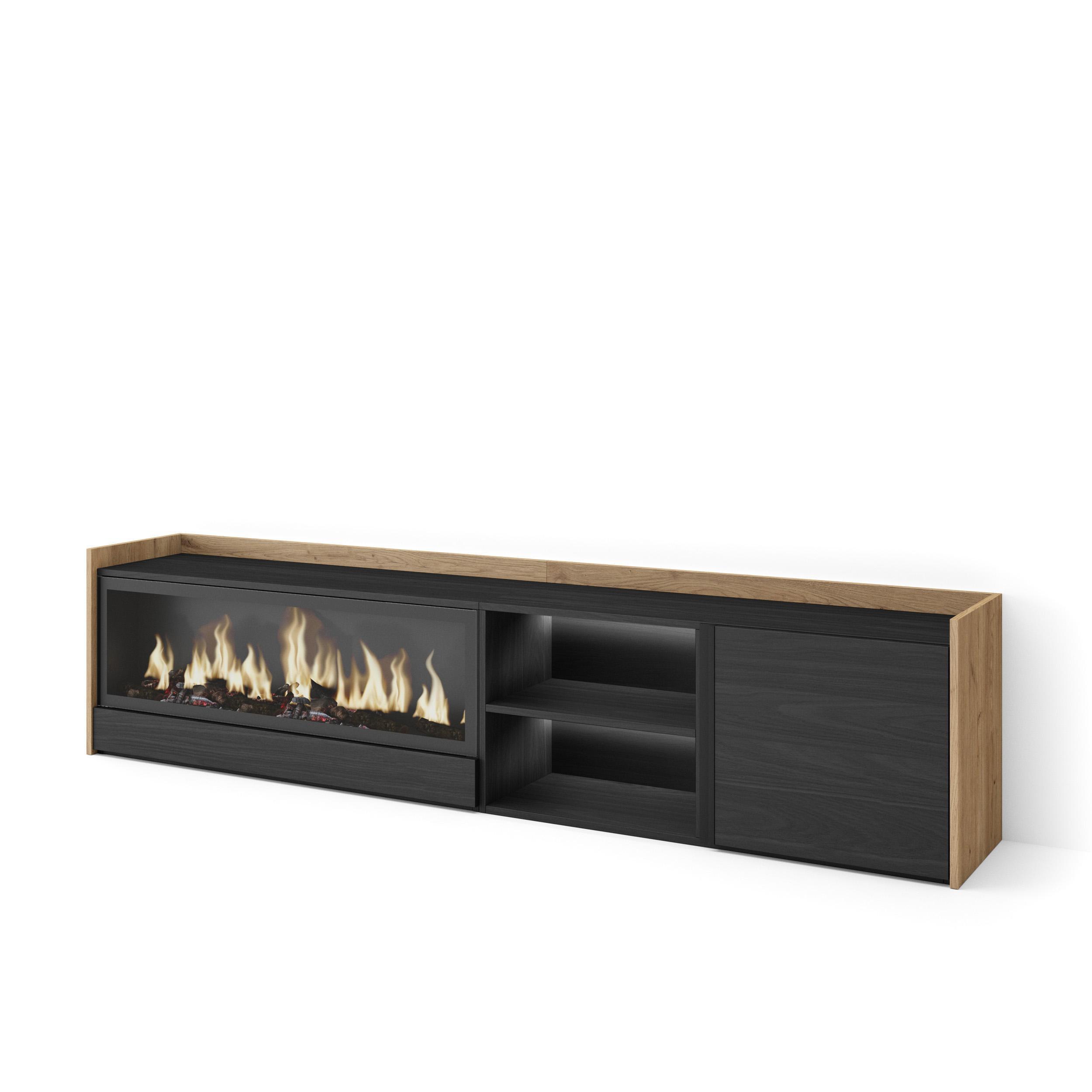 LOWBOARD, Schwarz und Eiche, 212/35/50cm, Kamin mit Feuereffekt XXL - Schwarz, Holzwerkstoff (212/50/35cm) - Skraut Home