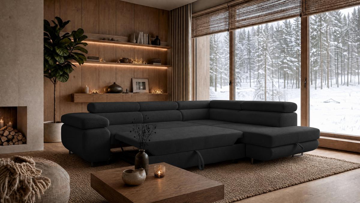 ECKSOFA Velmo mit Bettkasten und Schlaffunktion, verstellbaren Kopfstützen, in L-Form - Dunkelgrau, Textil (275/203cm)