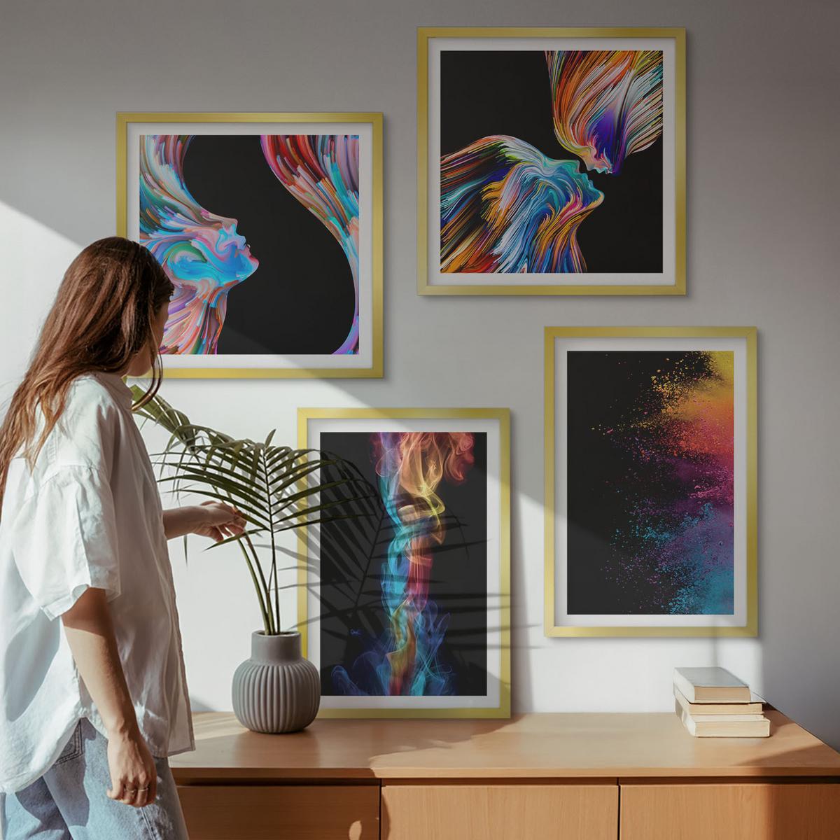 BILDER SET 4er Set - 50x50 cm & 40x60 cm Goldrahmen - Farbenfrohe Abstraktionen, Gesichter, Formen - Goldfarben, Kunststoff (50/50cm) - TULUP
