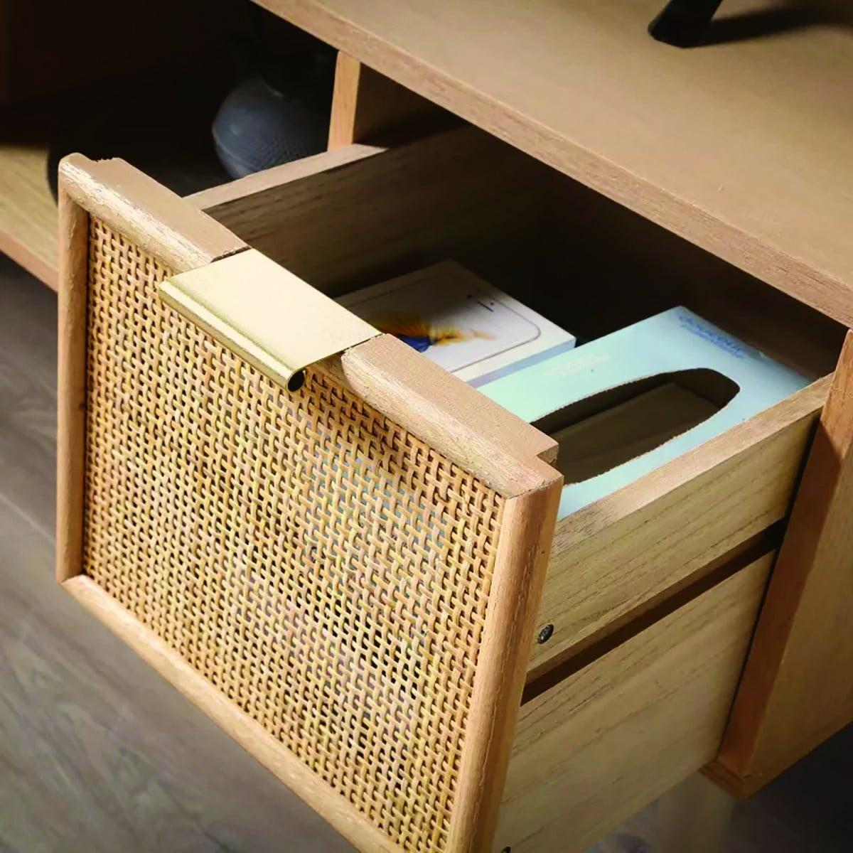 TV-MÖBEL mit 2 Schubladen Vorderseite aus Rattan - L100 cm - Eschefarben, Holzwerkstoff (42/45/45cm) - Calicosy