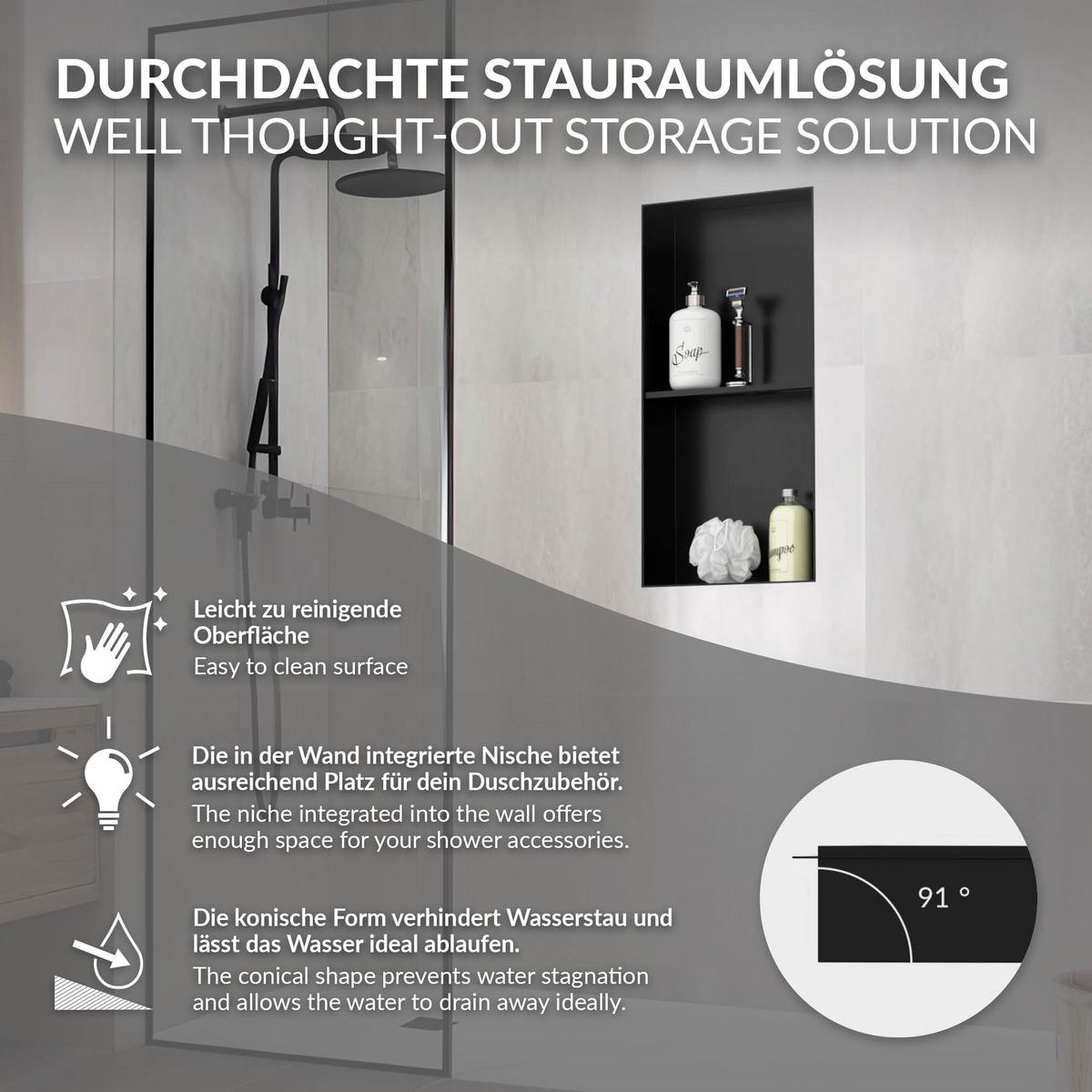 DUSCHNISCHE Doppel Schwarz 30/60 cm randlos - Schwarz, Metall (30/60/10cm) - LuxeBath