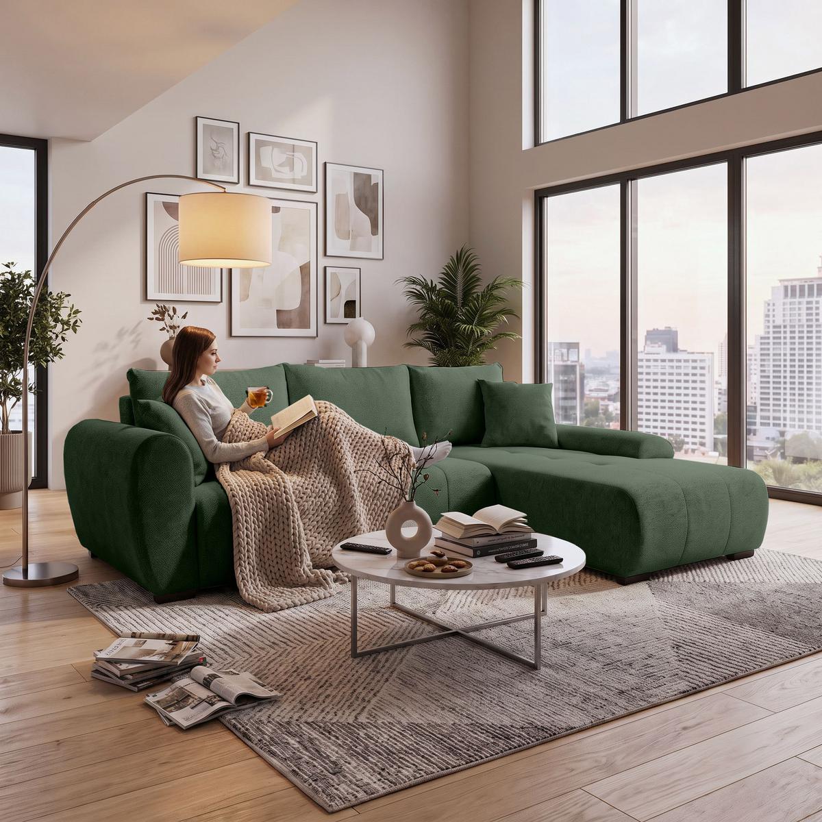 ECKSCHLAFSOFA Dallas mit Bettkasten, 255 cm, Flaschengrün, rechts, Velour-Stoff - Grün, Textil (255/175cm) - Beautysofa