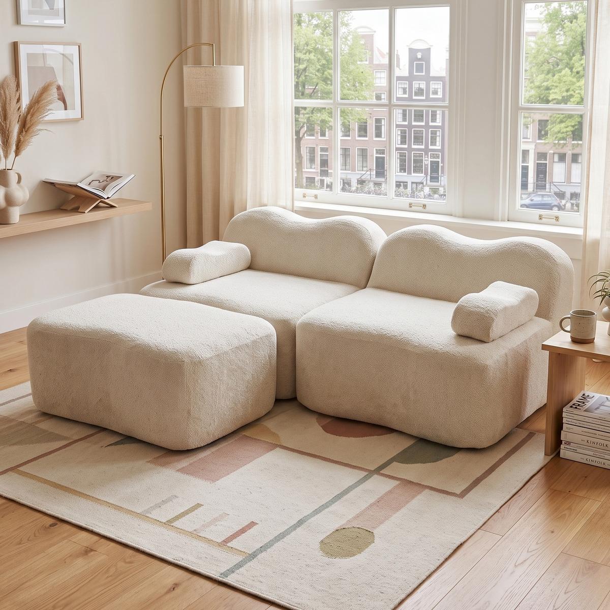 ECKSOFA L-Form Boneless Samt mit Ottoman - Beige, Textil (192/167cm) - Urban Meuble