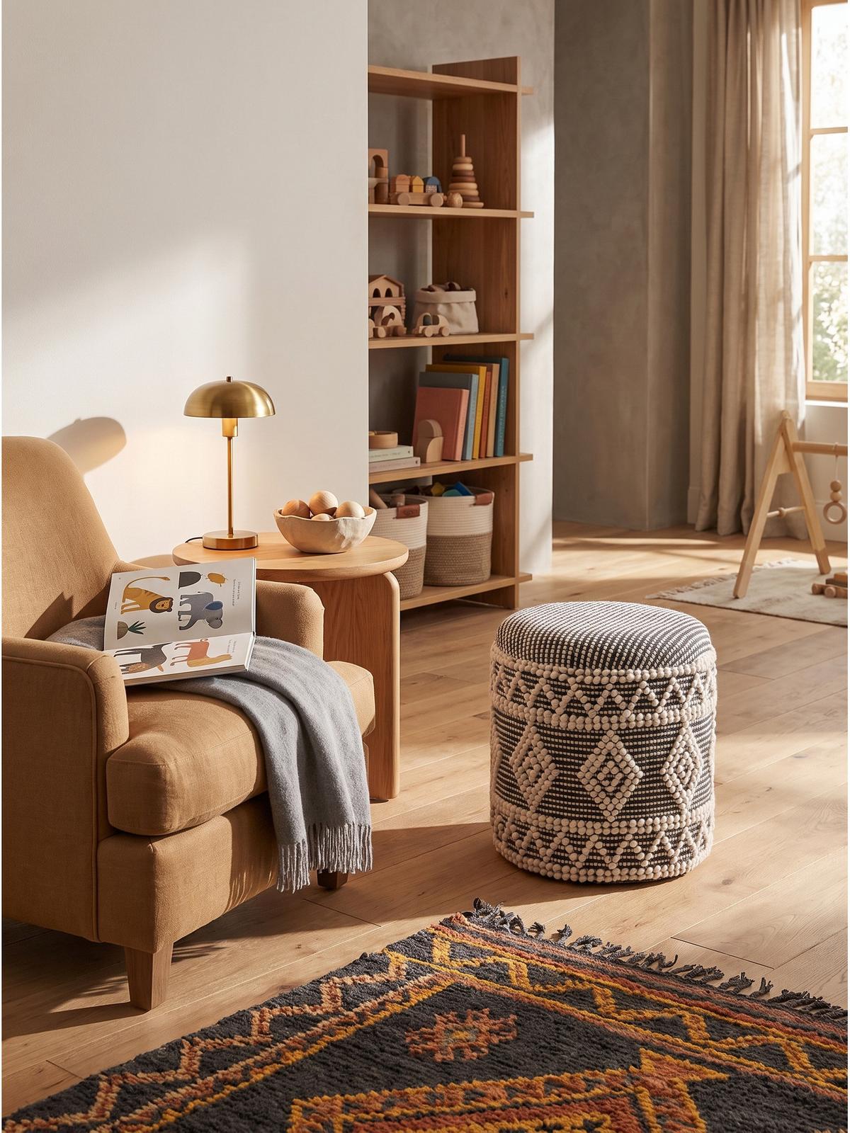 SITZHOCKER RHONE, Stoff, mit Textilbezug, mit Rautenstruktur, Creme-Schwarz, Ø 40 x 45 cm - Beige/Grau, Textil (40/45/40cm) - KADIMA DESIGN