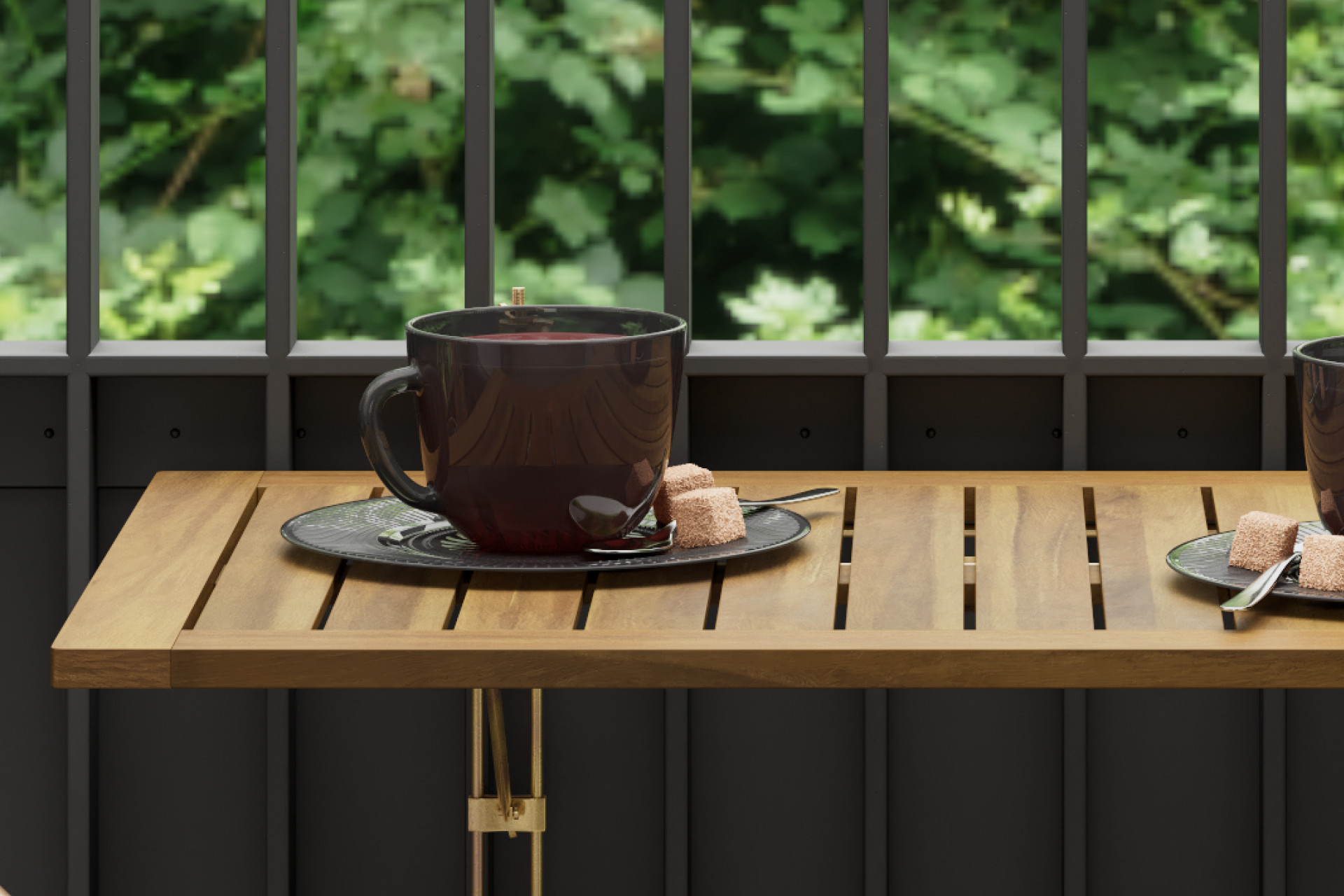 Balkontisch Akazie Echtholz massiv Gestell Eisen rostfrei Tischplatte Lamellenoptik