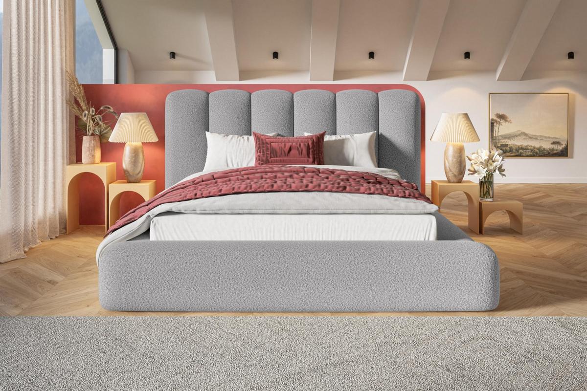 BETT 140x200 - Polsterbett mit Bettkasten und Holzrahmen - Modern Bett - Eleganter Catch Me-Stoff - Kollektion Alva Maxi - Hellgrau - Hellgrau, Holz/Textil (140/200cm) - Alpi-Möbel