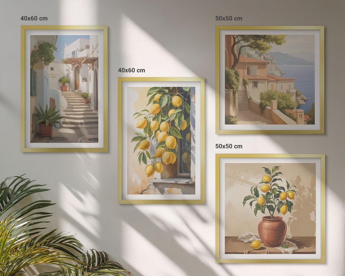 BILDER SET 4er Set - 50x50 cm & 40x60 cm Goldrahmen - Lemon Streets Meerblick - Goldfarben, Kunststoff (50/50cm) - TULUP