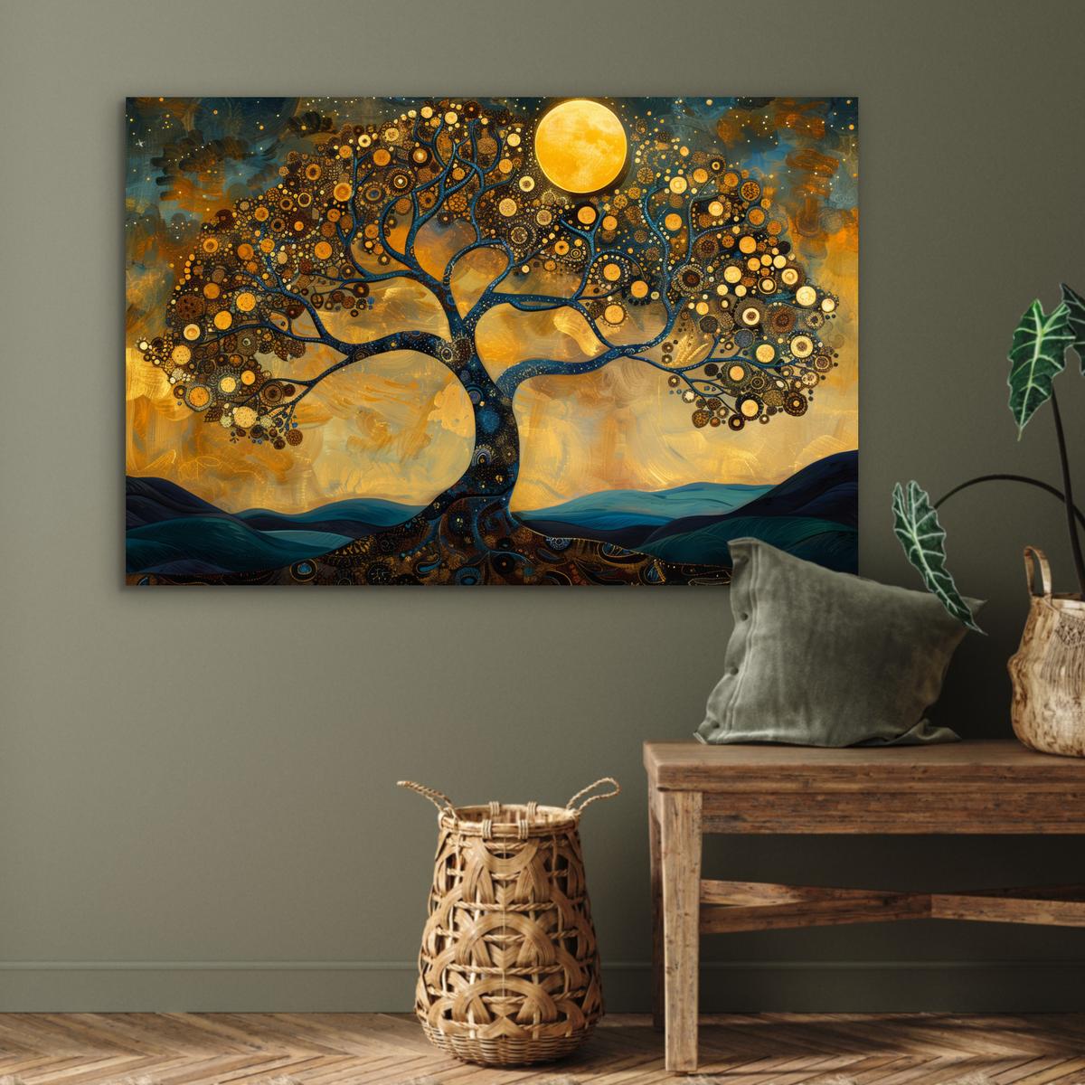 METALLBILD Baum - Mond - Blumen - Gold - Kunst Wanddeko 90x60 cm - Orange, Metall (90/60cm) - MuchoWow