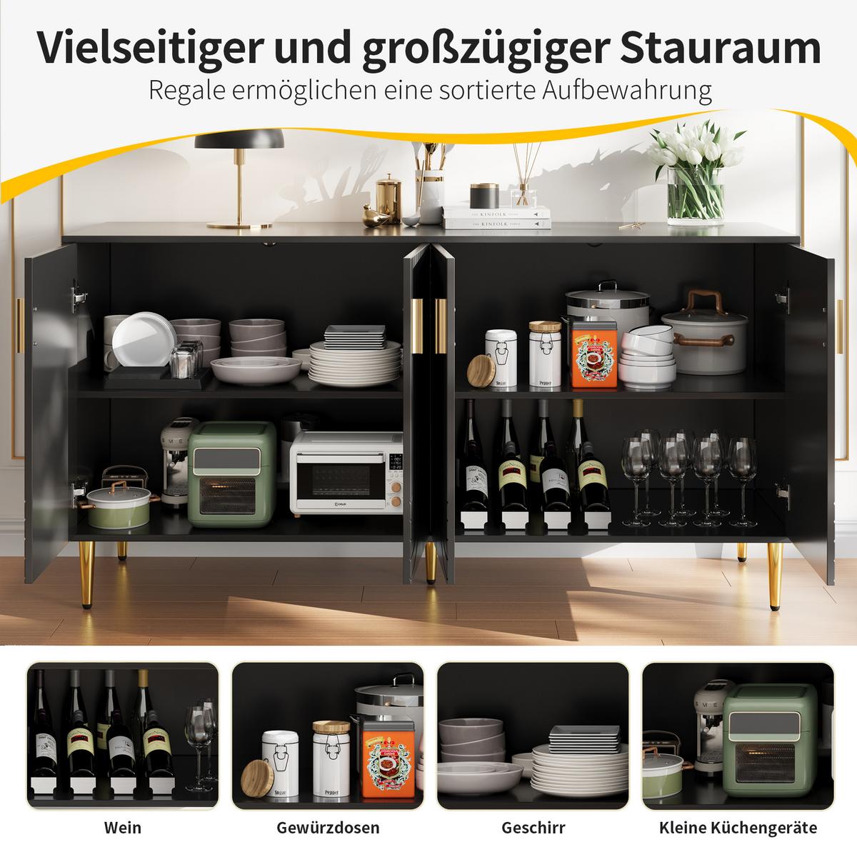SIDEBOARD Wellenfront mit goldenen Griffen & Füßen Schwarzes - Schwarz, Holzwerkstoff (152/75/40cm) - Urban Meuble