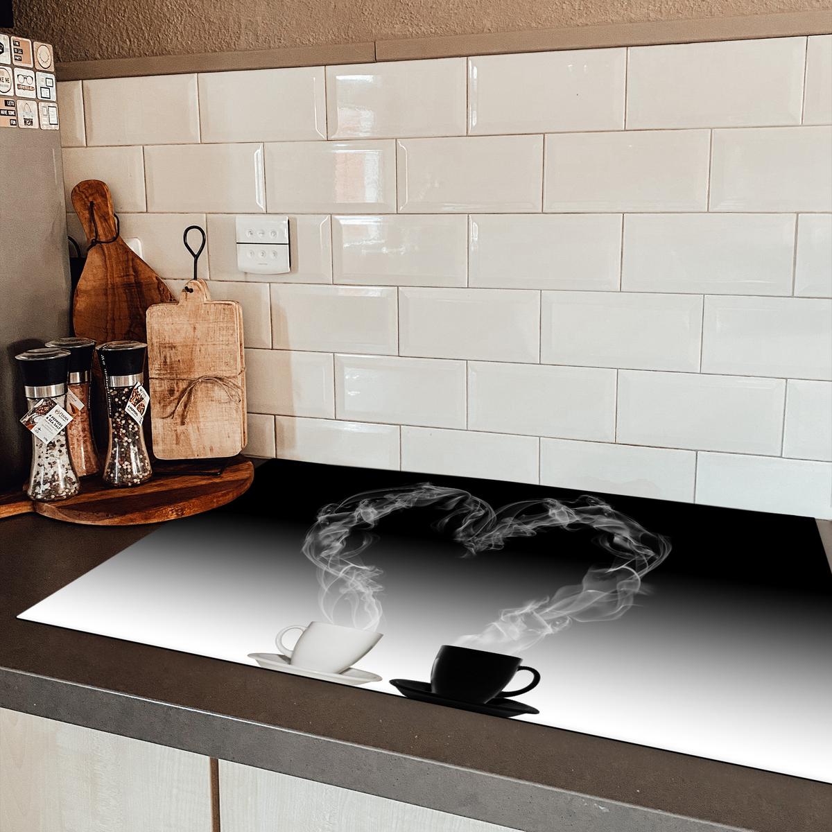 HERDABDECKPLATTE Kaffee - Herz - Schwarz und weiß - Tassen Ceranfeldabdeckung 85x52 cm - Weiß, Kunststoff (85/52/0.2cm) - MuchoWow