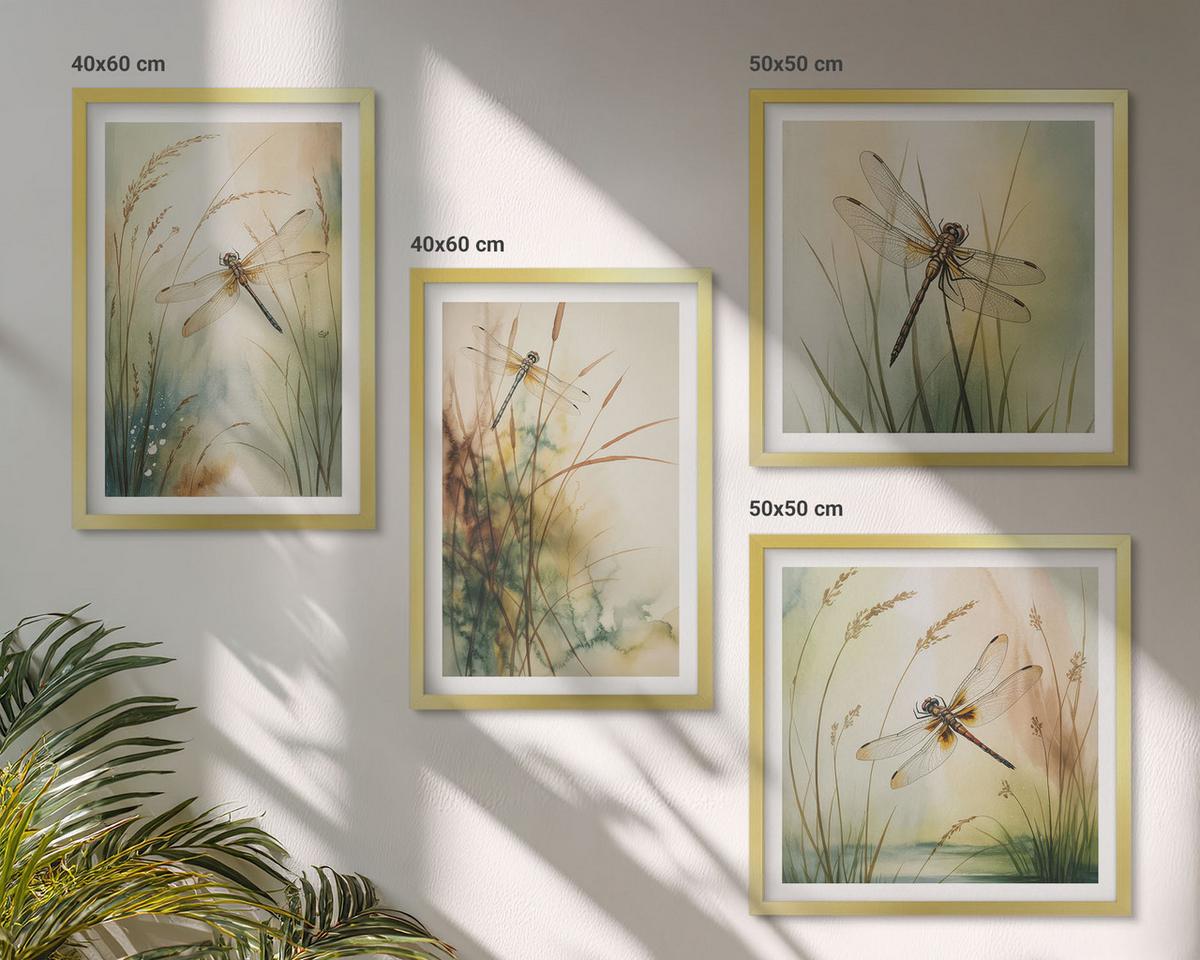 BILDER SET 4er Set - 50x50 cm & 40x60 cm Goldrahmen - Libellengräser über dem Wasser - Goldfarben, Kunststoff (50/50cm) - TULUP