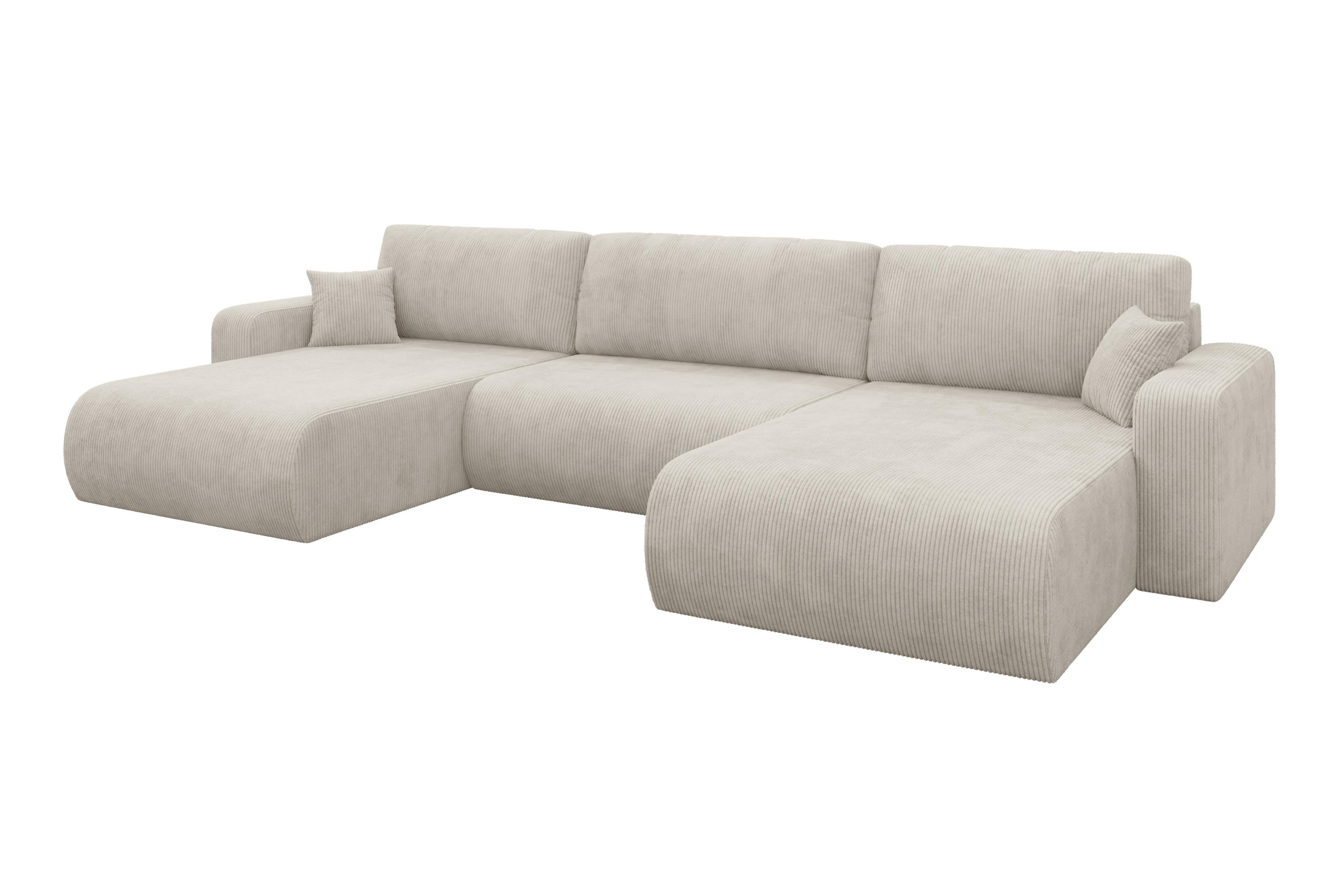 WOHNLANDSCHAFT mit Schlaffunktion und Bettkasten BERY-U 377x193x88 Creme Cord - Ecru/Creme, Holzwerkstoff/Kunststoff (377/88/193cm) - ALTDECOR