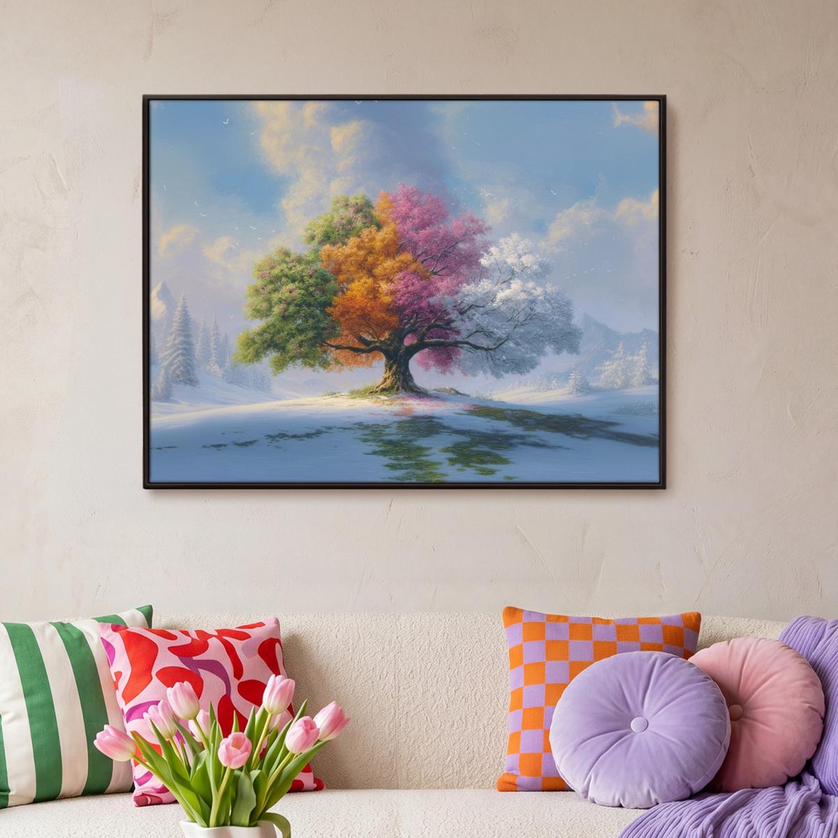 LEINWAND Bilder mit Rahmen - Baum - Jahreszeiten - Winter - Landschaft - 100x70 - Multicolor, Textil (100/70cm) - MuchoWow