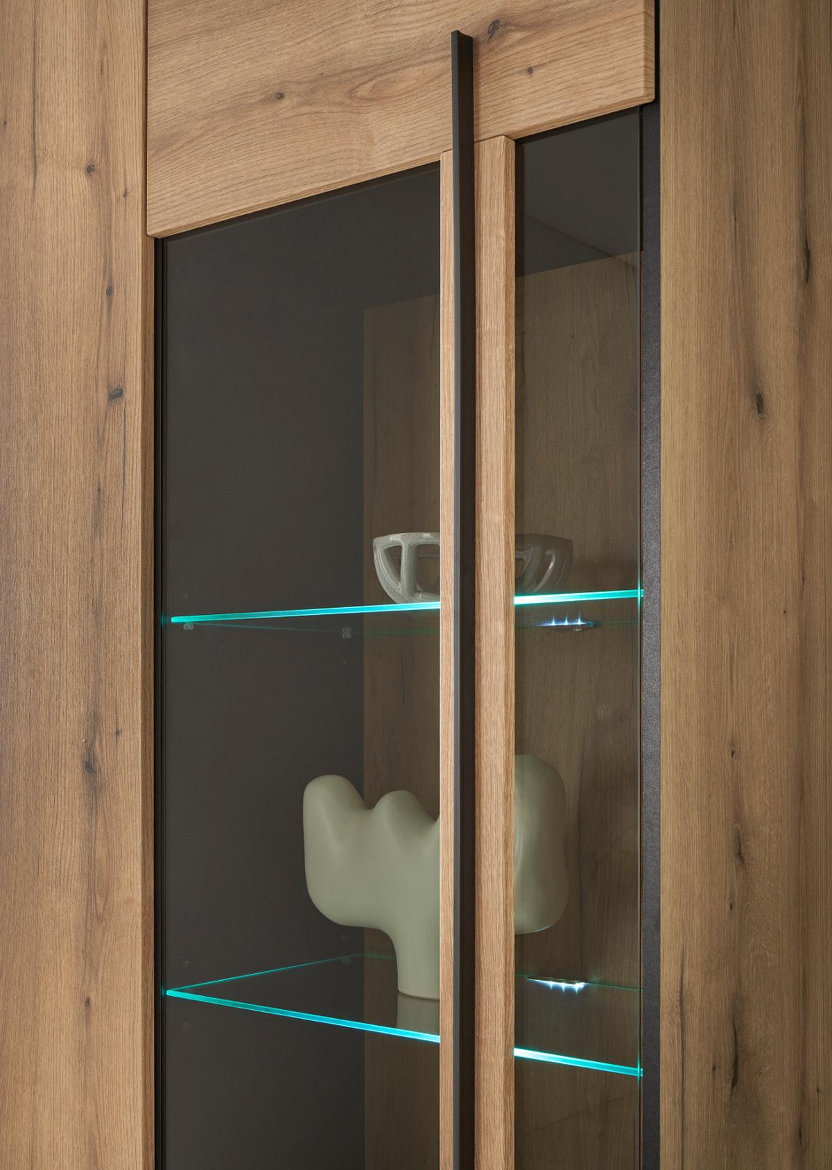 VITRINE Eiche Evoke, großer Vitrinenschrank 90 x 200 cm inklusive Beleuchtung - Eichefarben/Schwarz, Glas/Holzwerkstoff (90/200/37cm) - Furn.Design