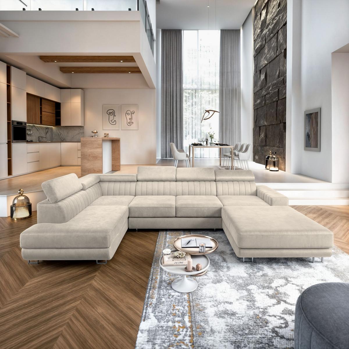 WOHNLANDSCHAFT SIENA L-S Creme Velours-Stoff mit Schlaffunktion - Silberfarben/Creme, Holz/Textil (335/89/190cm) - MASSENO