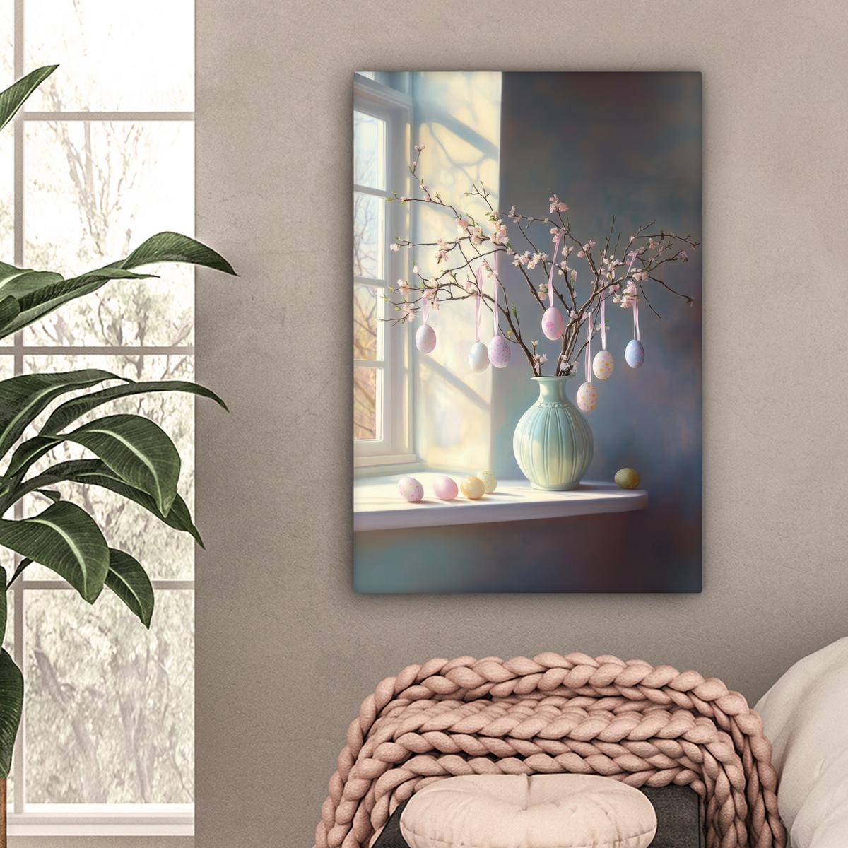 LEINWANDBILD Stillleben - Vase - Osterzweig Wanddeko 40x60 cm - Hellblau, Textil (40/60cm) - MuchoWow