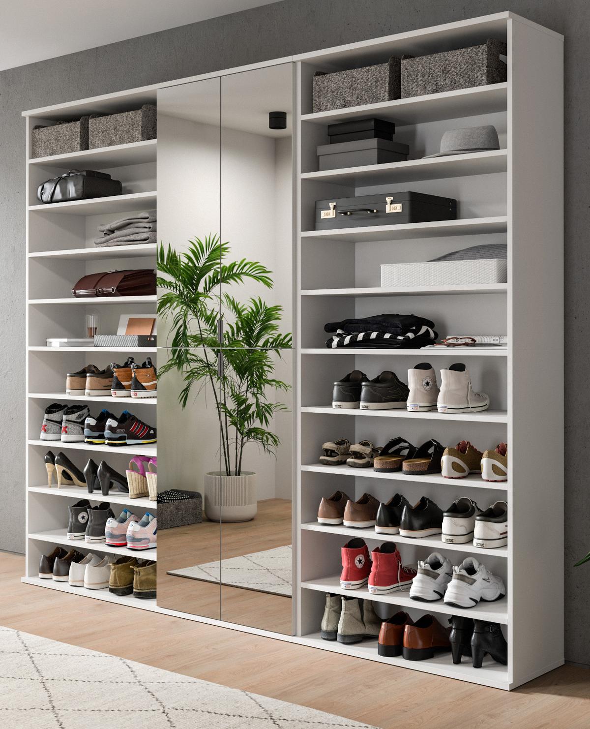 GARDEROBENSCHRANK weiß 221 cm, Schuhschrank XXL mit 29 Fächern - Chromfarben/Weiß Hochglanz, Glas/Holzwerkstoff (221/193/34cm) - Inn.Furn