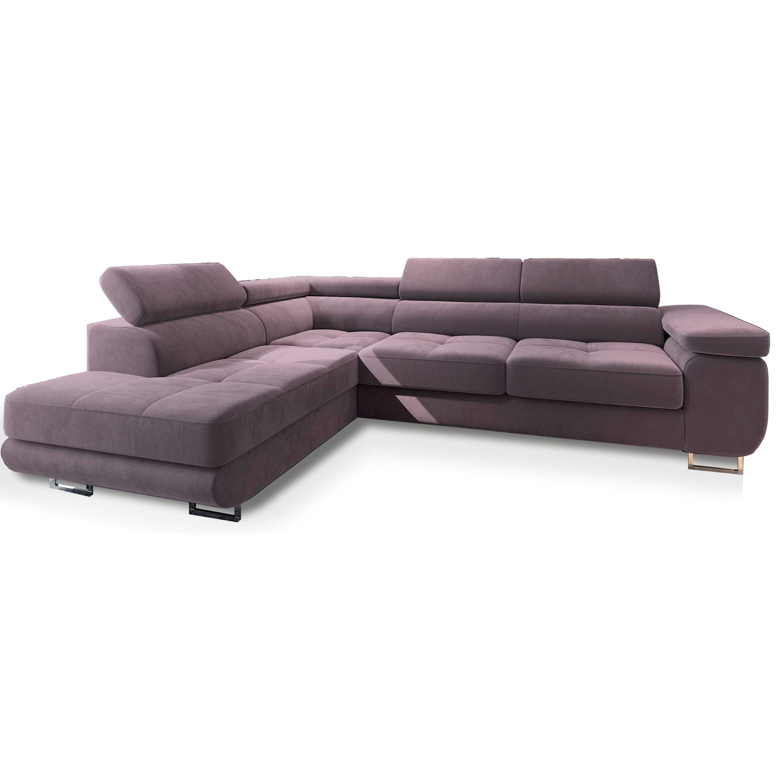 ECKSOFA SELVA L-S Lila Velours-Stoff mit Schlaffunktion - Lila/Silberfarben, Holz/Holzwerkstoff (275/202cm) - MASSENO