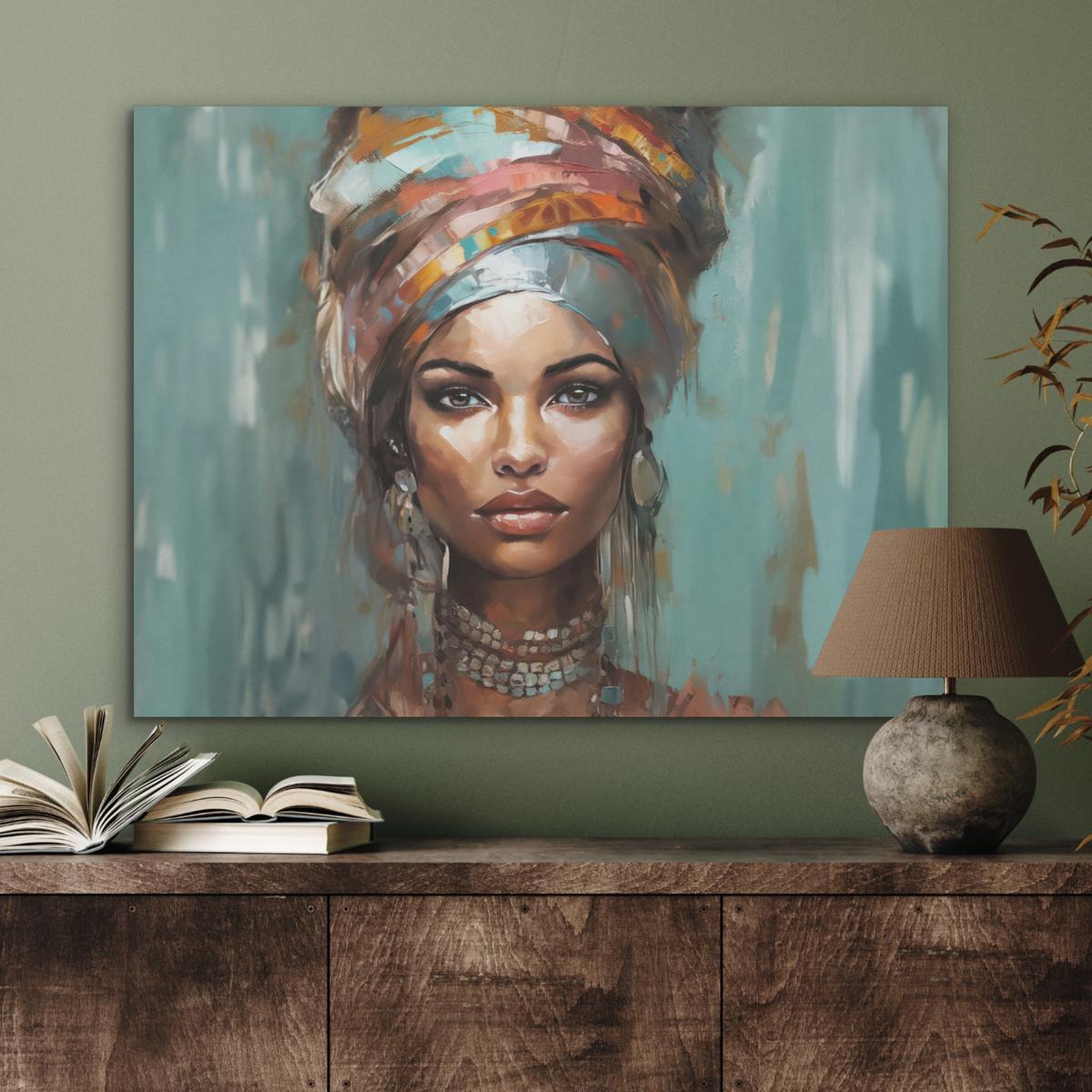 AKUSTIKBILD Frau - Kunst - Schmuck - Porträt Gemälde 80x60 cm - Blaugrau, Kunststoff (80/60/0.9cm) - MuchoWow