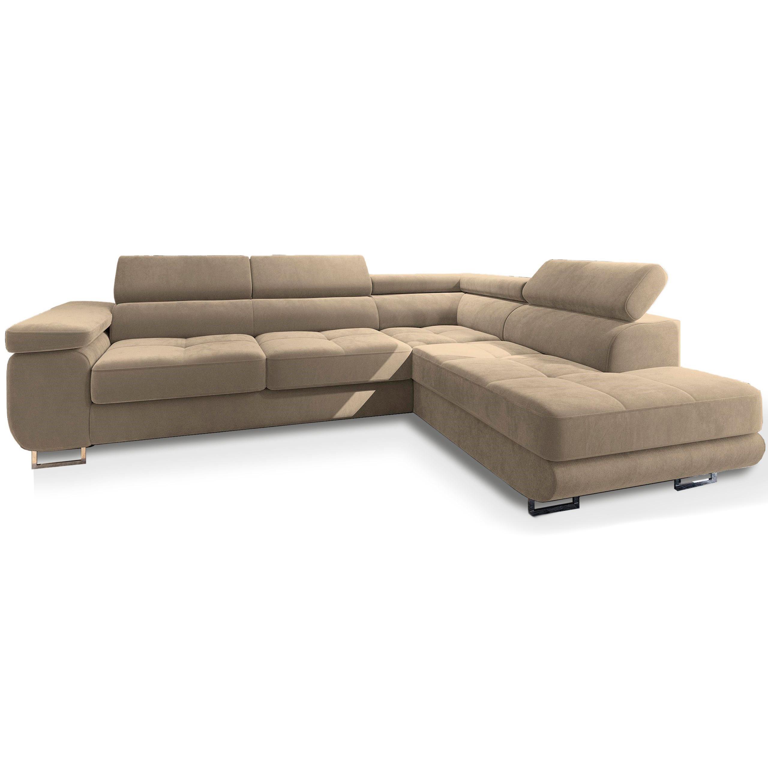ECKSOFA SELVA R-S Creme Velours-Stoff mit Schlaffunktion - Silberfarben/Creme, Holz/Holzwerkstoff (275/202cm) - MASSENO