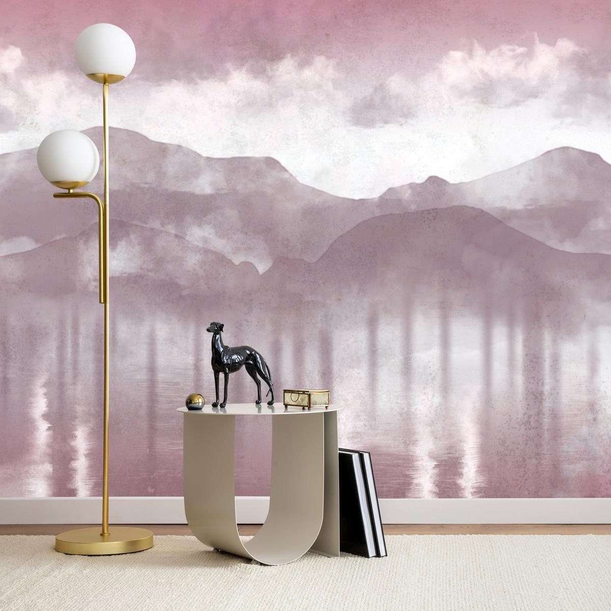 FOTOTAPETE Neblige violette Landschaft Berge 450x315 - Violett/Rosa, Papier (450/315cm) - Muralo