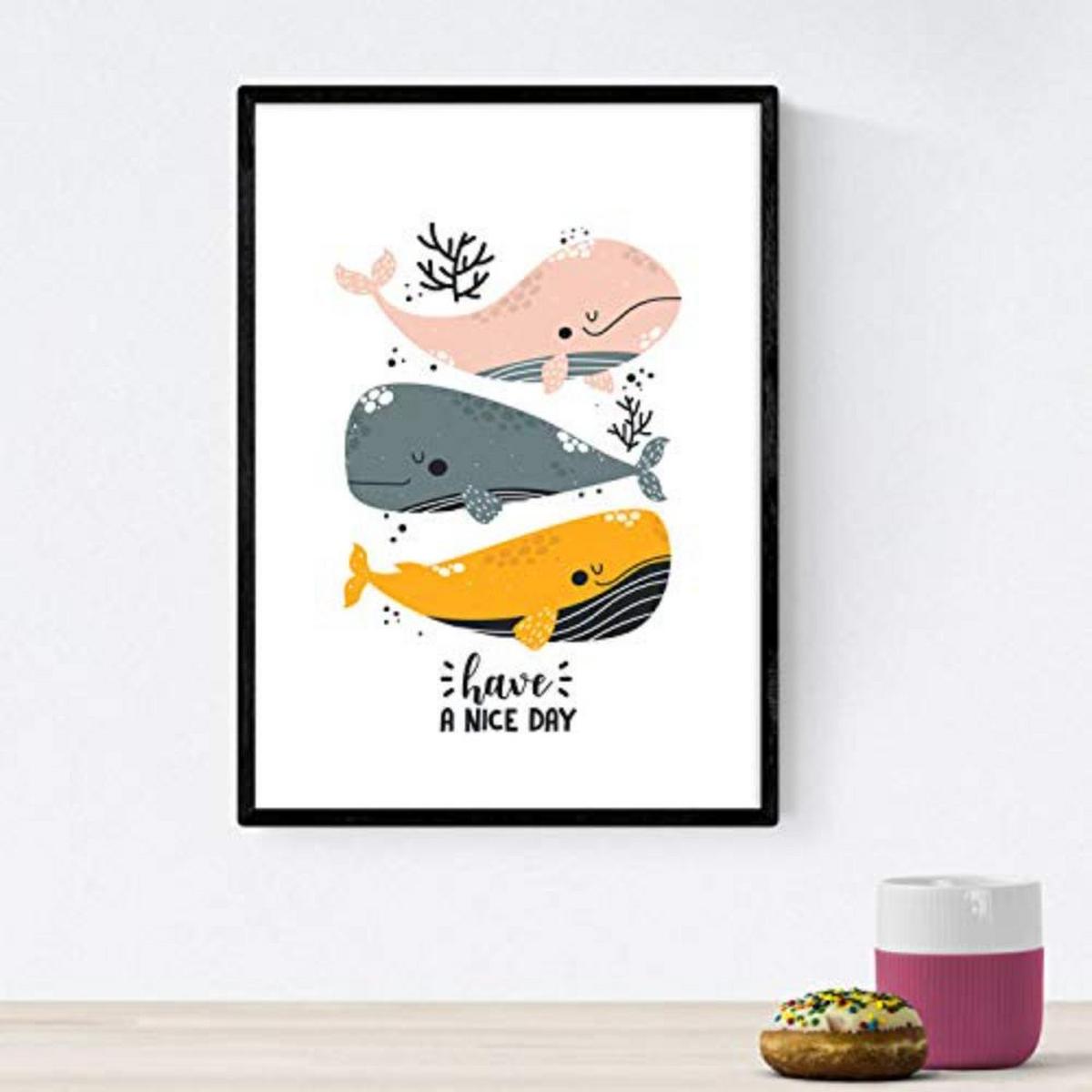 POSTER Set mit 4 Wale Leuchtturm Marine Schiff auf dem Meeresboden A3 Schwarzer Rahmen - Schwarz, Papier (29.7/3cm) - Nacnic