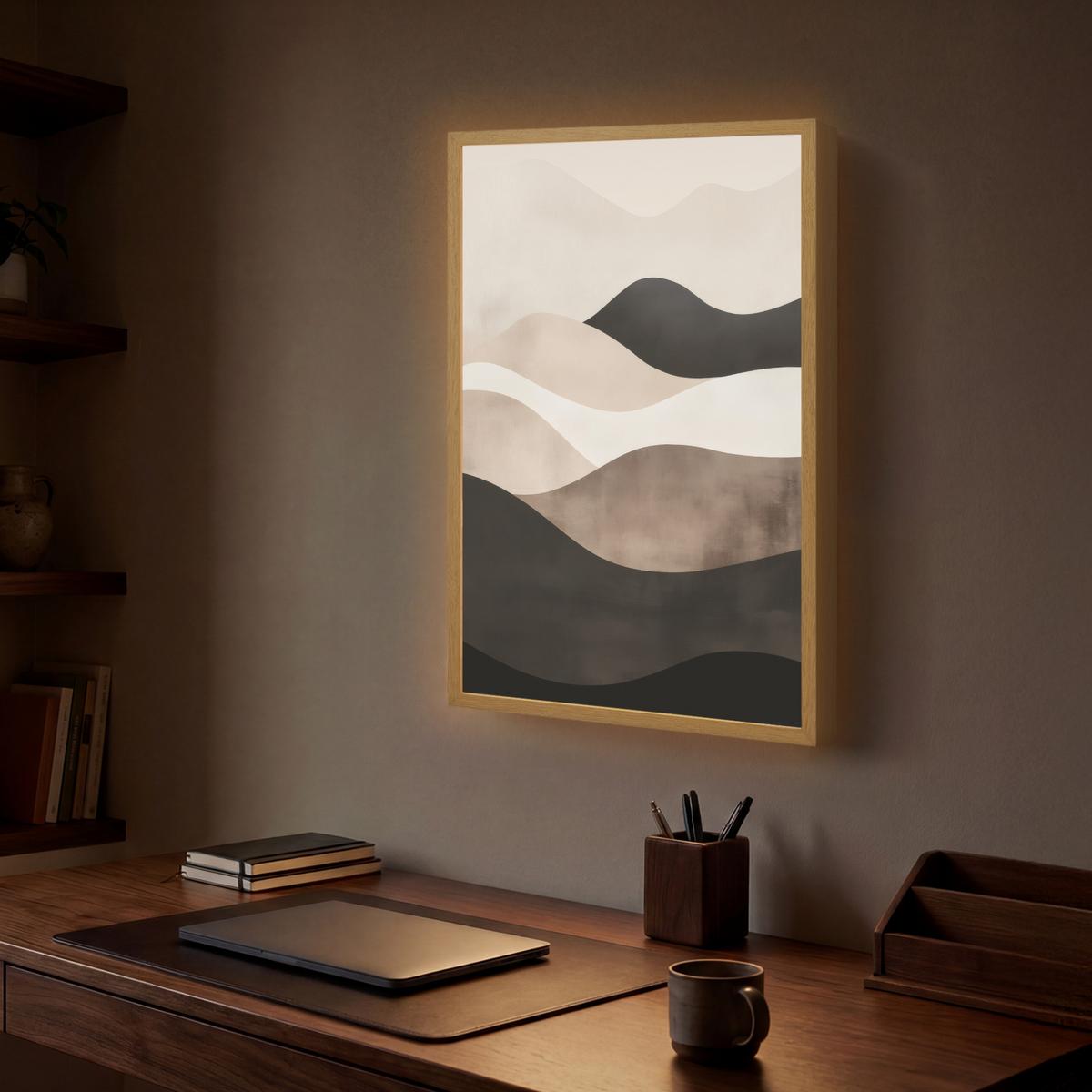WANDLEUCHTE MIT AKKU Abstrakt - Landschaft - Wellen - Cremefarben 40x60 cm - Graubraun, Holzwerkstoff (40/60/8cm) - OnlyWow