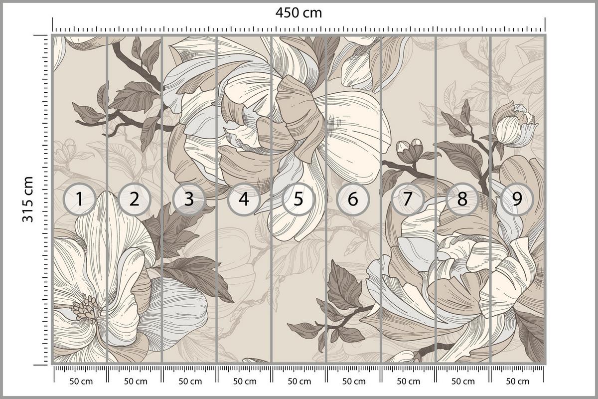 FOTOTAPETE für Wohnzimmer Natur Große Blüten Blätter Pflanzen 450x315 - Beige/Creme, Papier (450/315cm) - Muralo