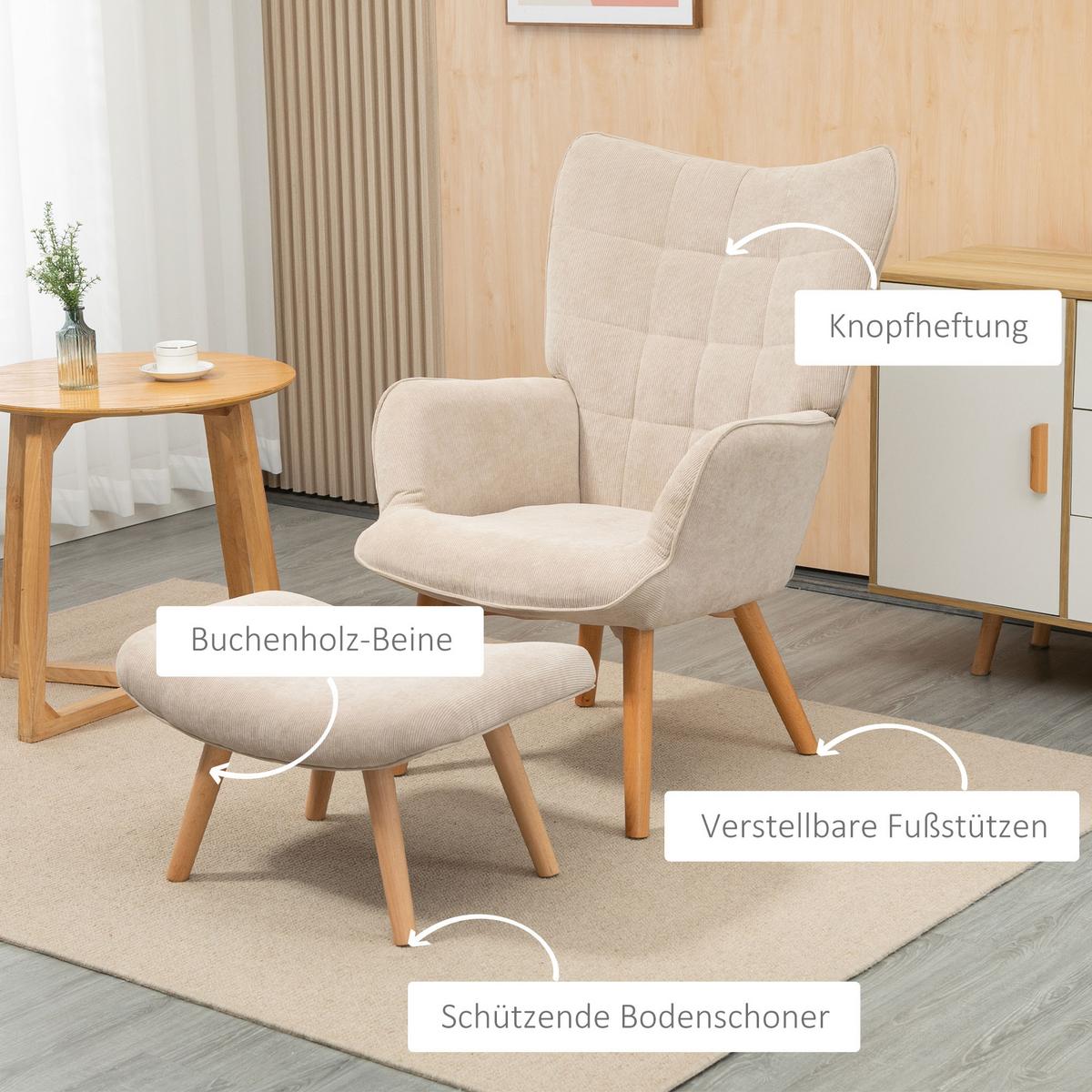 OHRENSESSEL mit Hocker, Relaxsessel, Polstersessel in Cord-Optik, mit Holzbeine - Beige/Naturfarben, Buchenholz/Textil (80/101/72cm) - HOMCOM