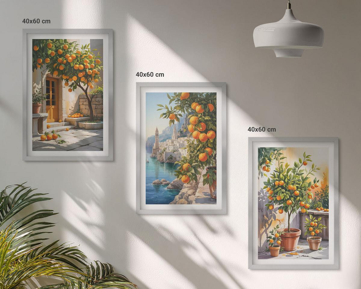 BILDER SET 3er Set - 40x60 cm Silberner Rahmen - Gemalte Zitruslandschaften - Silberfarben, Kunststoff (40/60cm) - TULUP