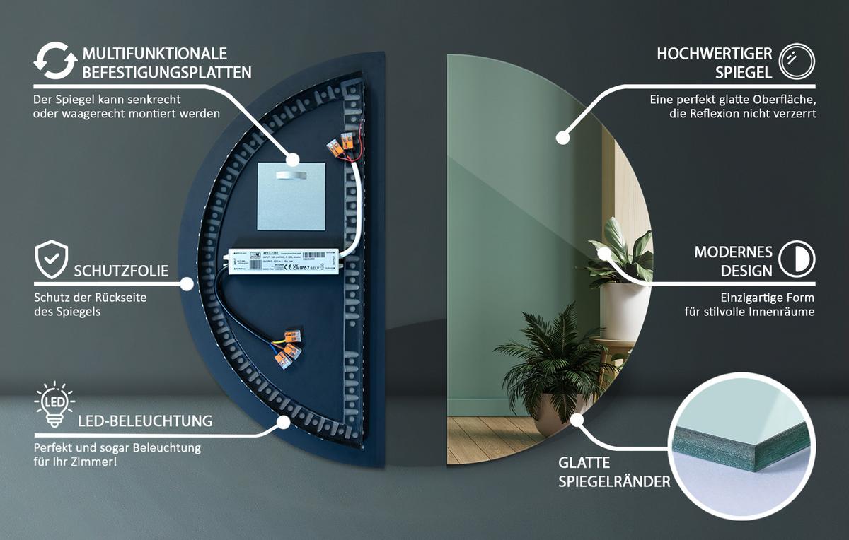 LED SPIEGEL 40 cm x 80 cm Halbrunder Kaltweiß 6500K - Blaugrau, Glas (40/80/2.4cm) - TULUP