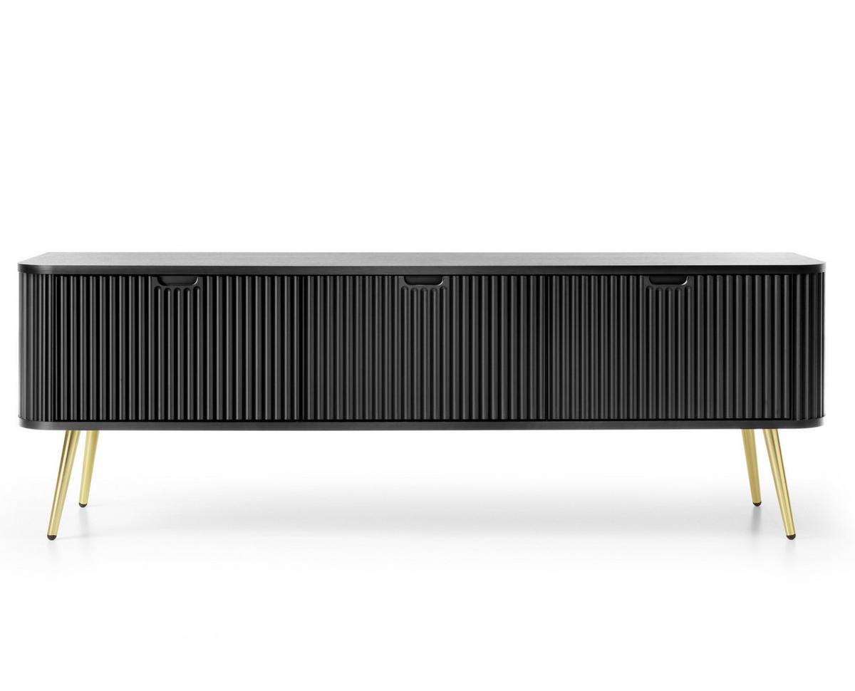 LOWBOARD Salvia 3T Schwarz, Gold 168/56/39 cm – mit geriffelten Fronten und hohen Beinen - Goldfarben/Schwarz, Holzwerkstoff/Metall (168/56/39cm) - AX Living