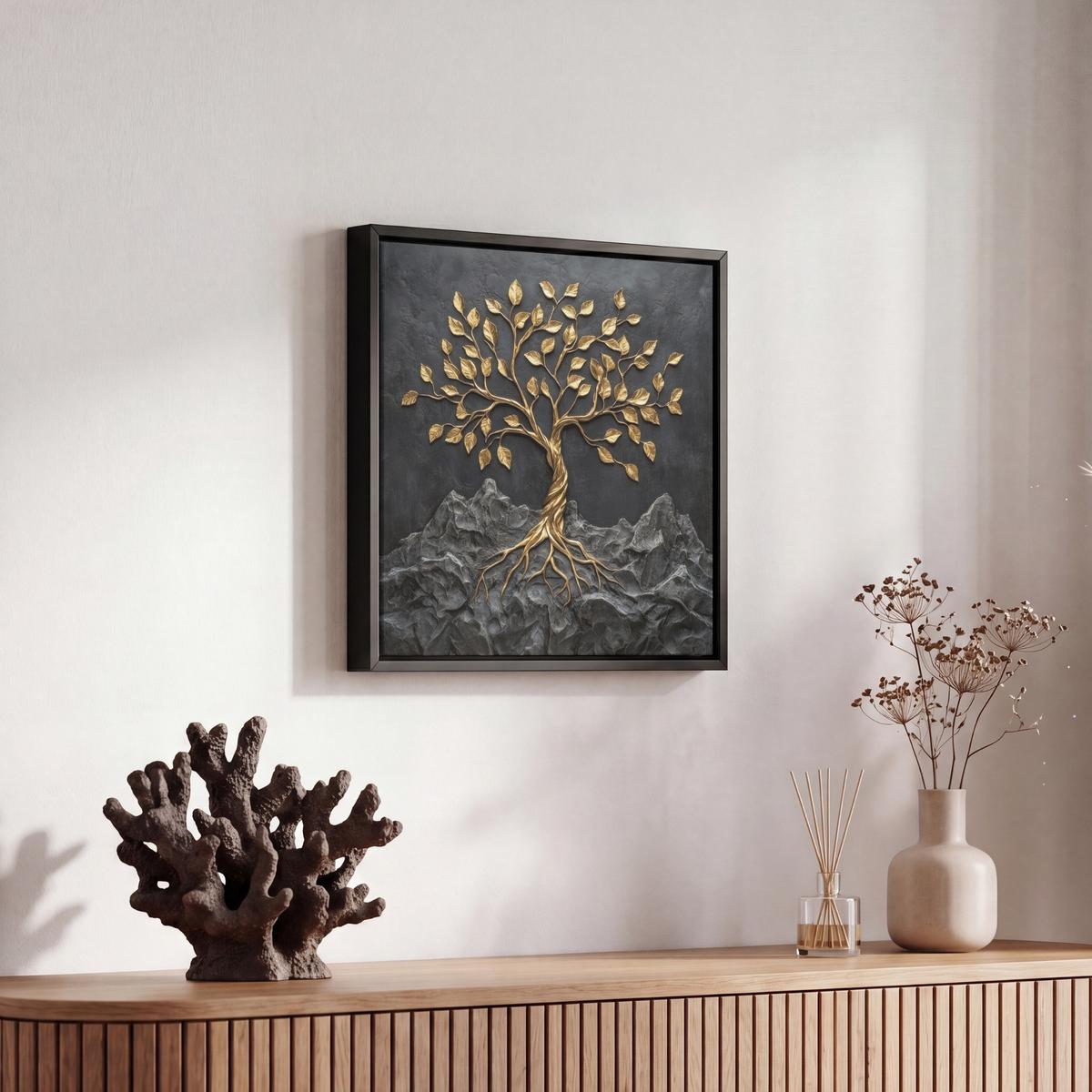 LEINWAND Bilder mit Rahmen - Blätter - Gold - Baum - Fels - 20x20 - Schwarz, Textil (20/20cm) - MuchoWow