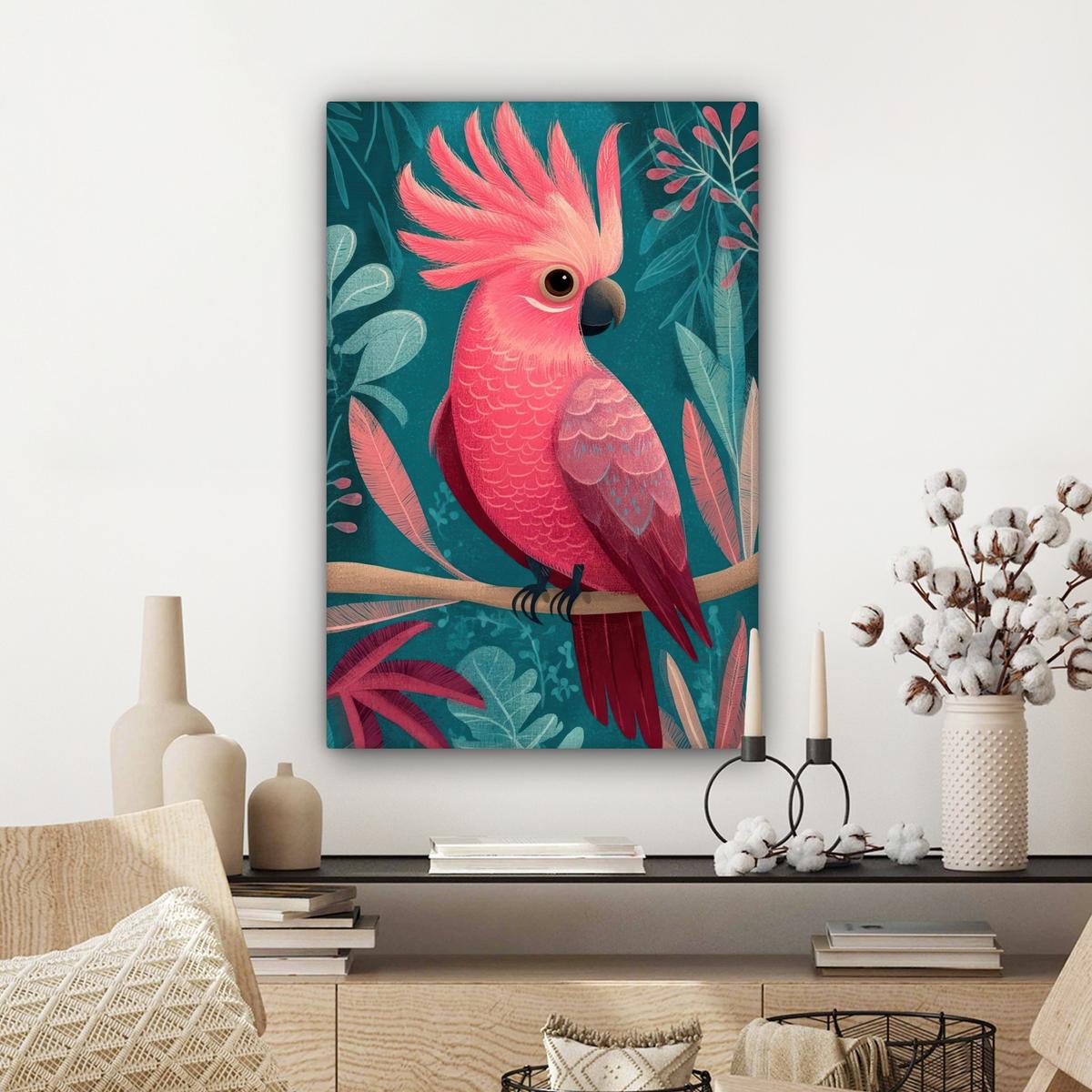 LEINWANDBILD Kakadu - Tropische Blätter - Zweig Wanddeko 40x60 cm - Petrol, Textil (40/60cm) - MuchoWow