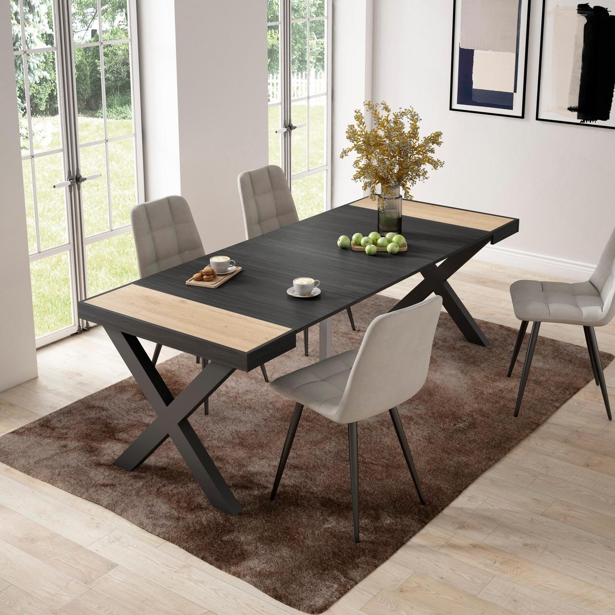 KONSOLENTISCH ausziehbar 58 bis 222cm, für 10 Gäste, eiche, schwarz, 90/58/73cm - Multicolor/Schwarz, Holzwerkstoff (90/222/73cm) - Skraut Home