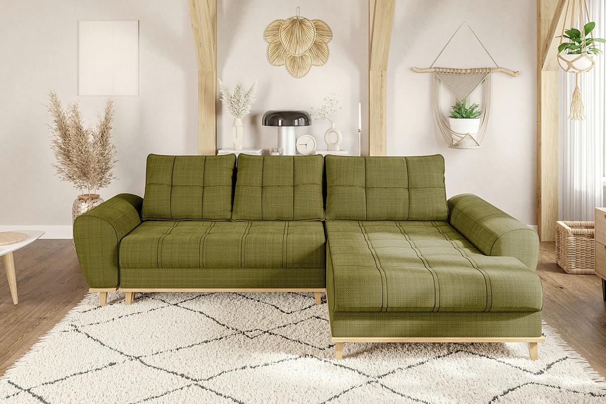 ECKSOFA im Scandi-Stil, Schlaffunktion, Bettkasten B268/T175/H86 cm, Ottomane rechts, Liegefl. 128x209 cm, Bouclé Chenille Stoff in Grün / 21015 - Eichefarben/Grün, Holz/Textil (268/175cm) - luma-home