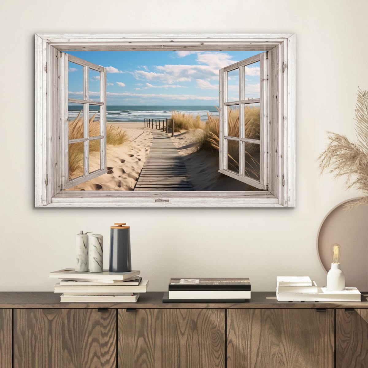 METALLBILD Fenster - Meer - Küste - Natur - Ausblick - Strand - Wattenmeer Wandbild 60x40 cm - Beige, Metall (60/40cm) - MuchoWow