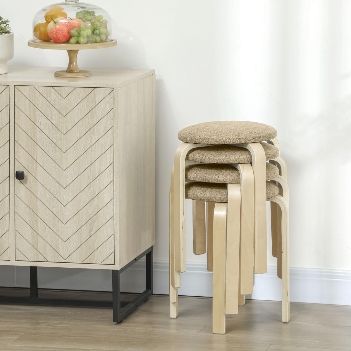 HOCKER 4er Set Holzwerkstoff Polyester Khaki - Braun/Naturfarben, Birkenholz/Holzwerkstoff (40/45/40cm) - HOMCOM