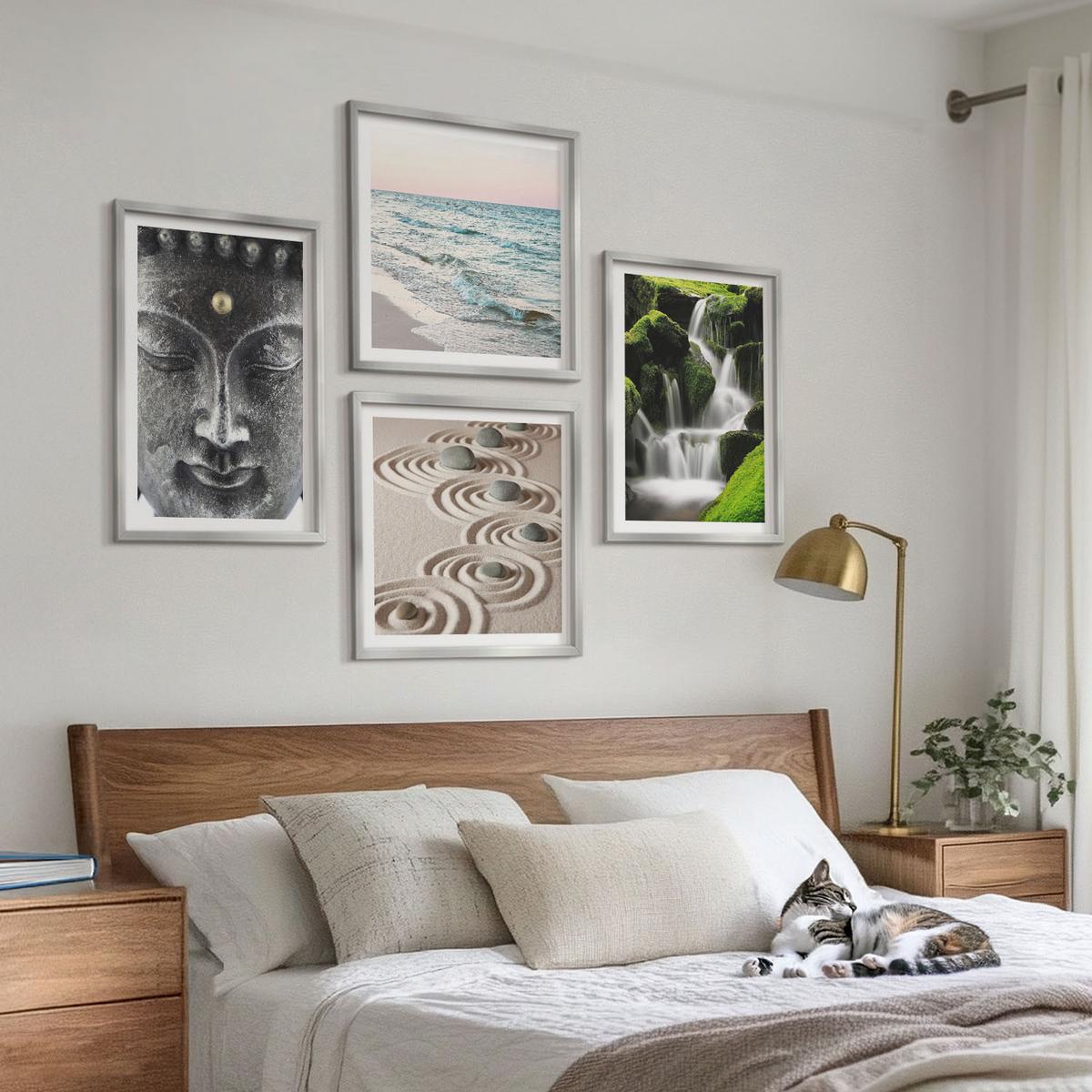 BILDER SET 4er Set - 50x50 cm & 40x60 cm Silberner Rahmen - Der Frieden der Natur mit Buddha - Silberfarben, Kunststoff (50/50cm) - TULUP