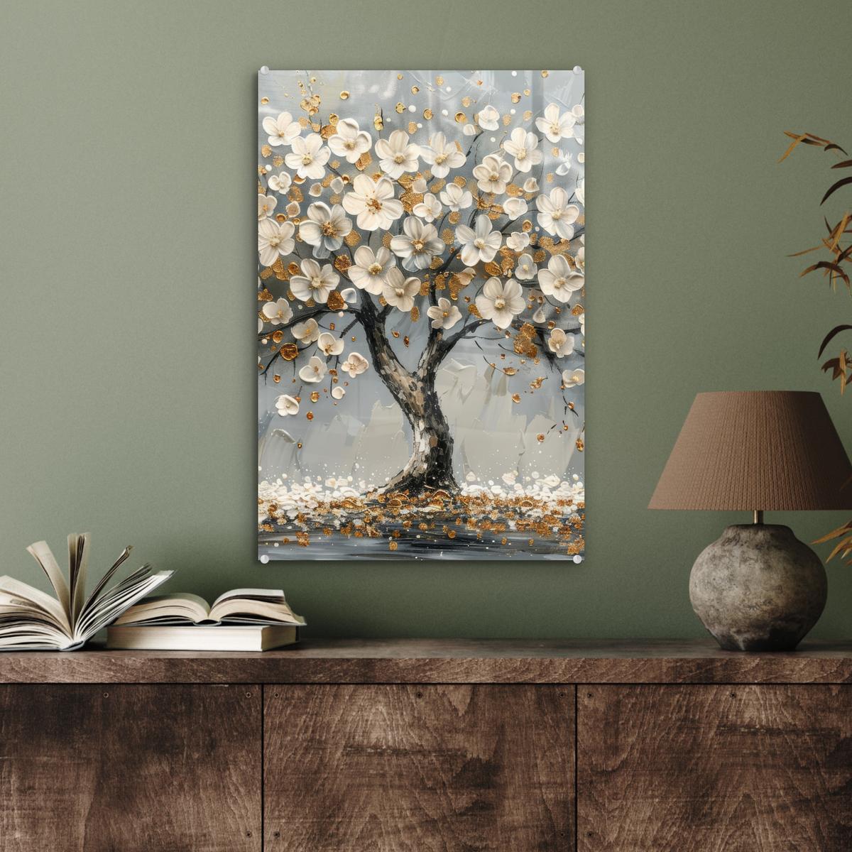 ACRYLGLASBILD Baum - Blumen - Weiß - Natur - Kunst Wanddeko Wohnzimmer 40x60 cm - Weiß, Glas (40/60cm) - MuchoWow