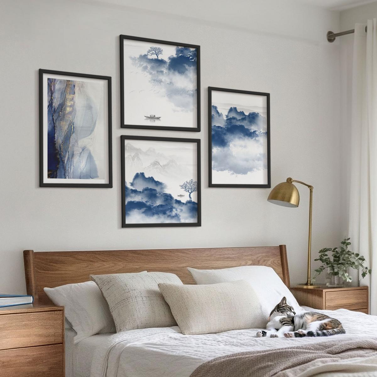 BILDER SET 4er Set - 50x50 cm & 40x60 cm Schwarzer Rahmen - Berge, Wolken, Bäume, Vögel im Hintergrund - Schwarz, Kunststoff (50/50cm) - TULUP
