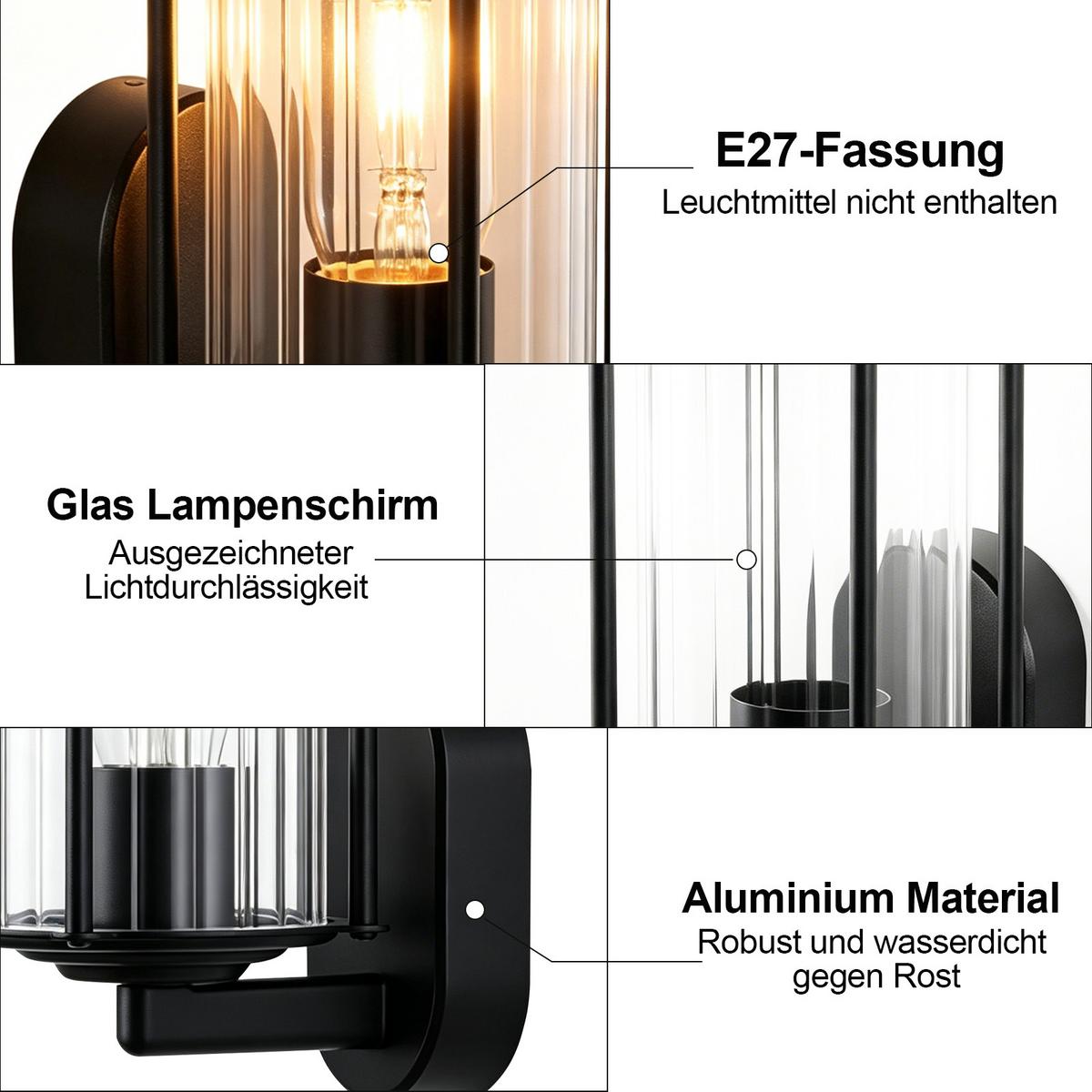 AUSSENWANDLEUCHTE Brisalyn 14/10.5/24 cm - Schwarz, Glas/Metall (10.5/24/14cm) - ZMH