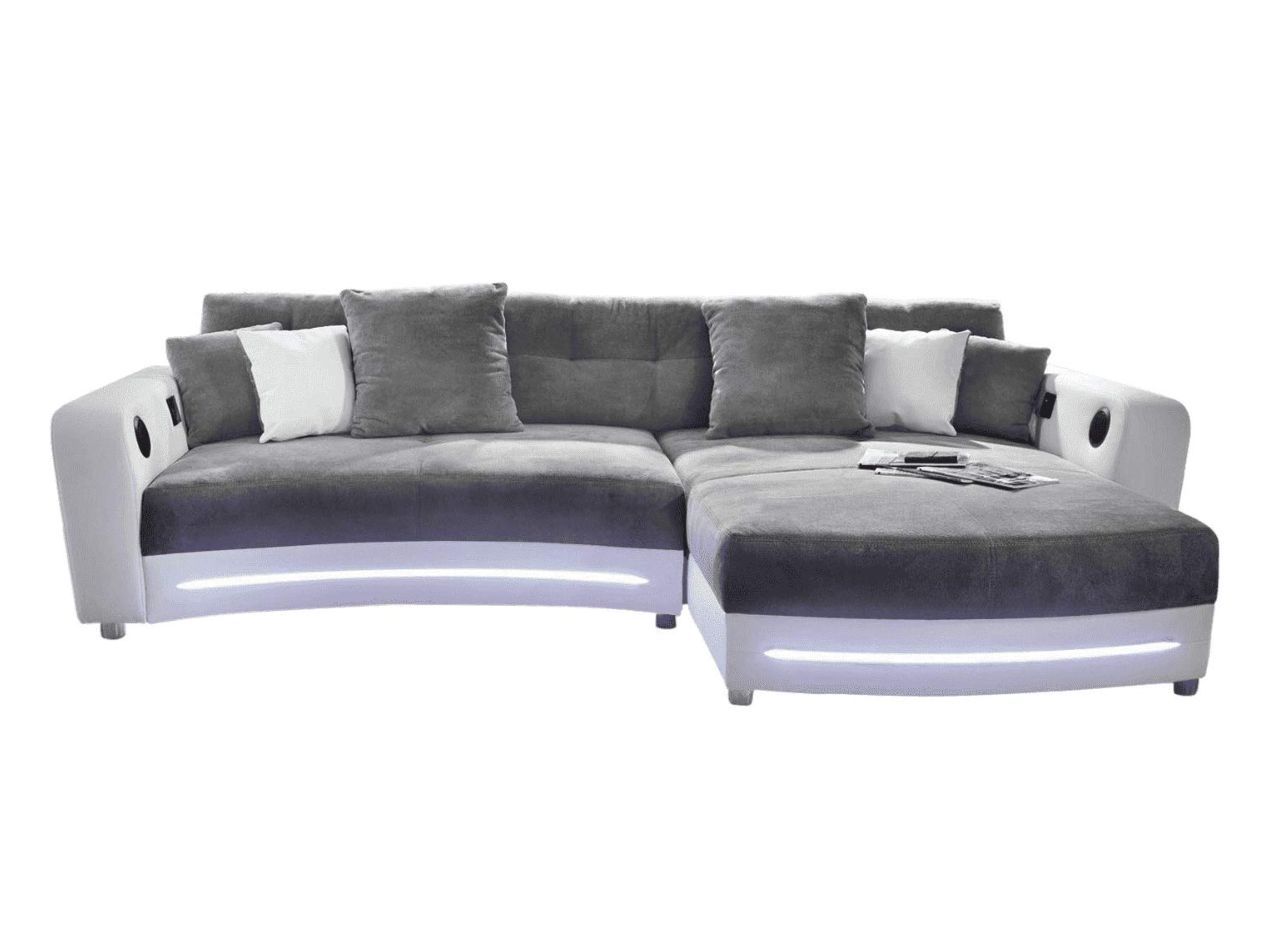 MULTIMEDIA-ECKSOFA Soundsystem RGB-LED Beleuchtung Bluetooth USB AUX-in, seitenverkehrt montierbar B322/T190/H88cm, Kunstleder Weiß-Mikrof.Grau/15410 - Chromfarben/Weiß, Kunststoff/Textil (322/88/190cm) - luma-home